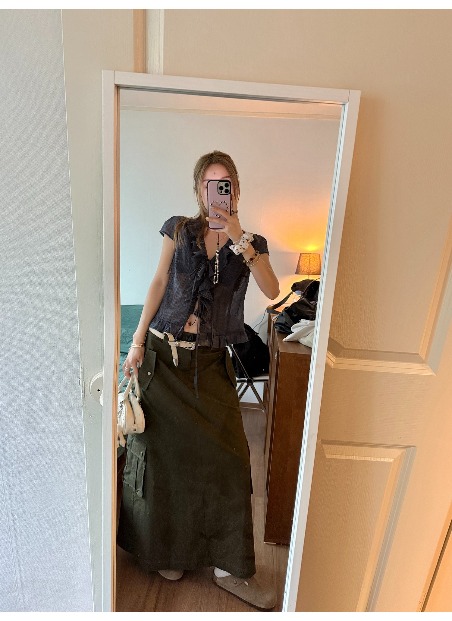 LelyMooch くしゅくしゅ涼感チェック フリルシャツ  LEM175