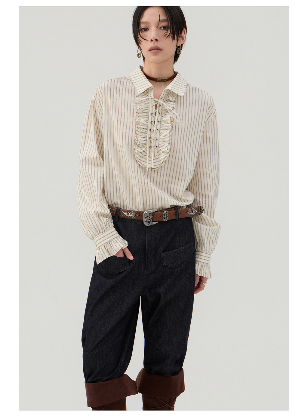 前結びデザイン 縦縞ブラウス  LOM042