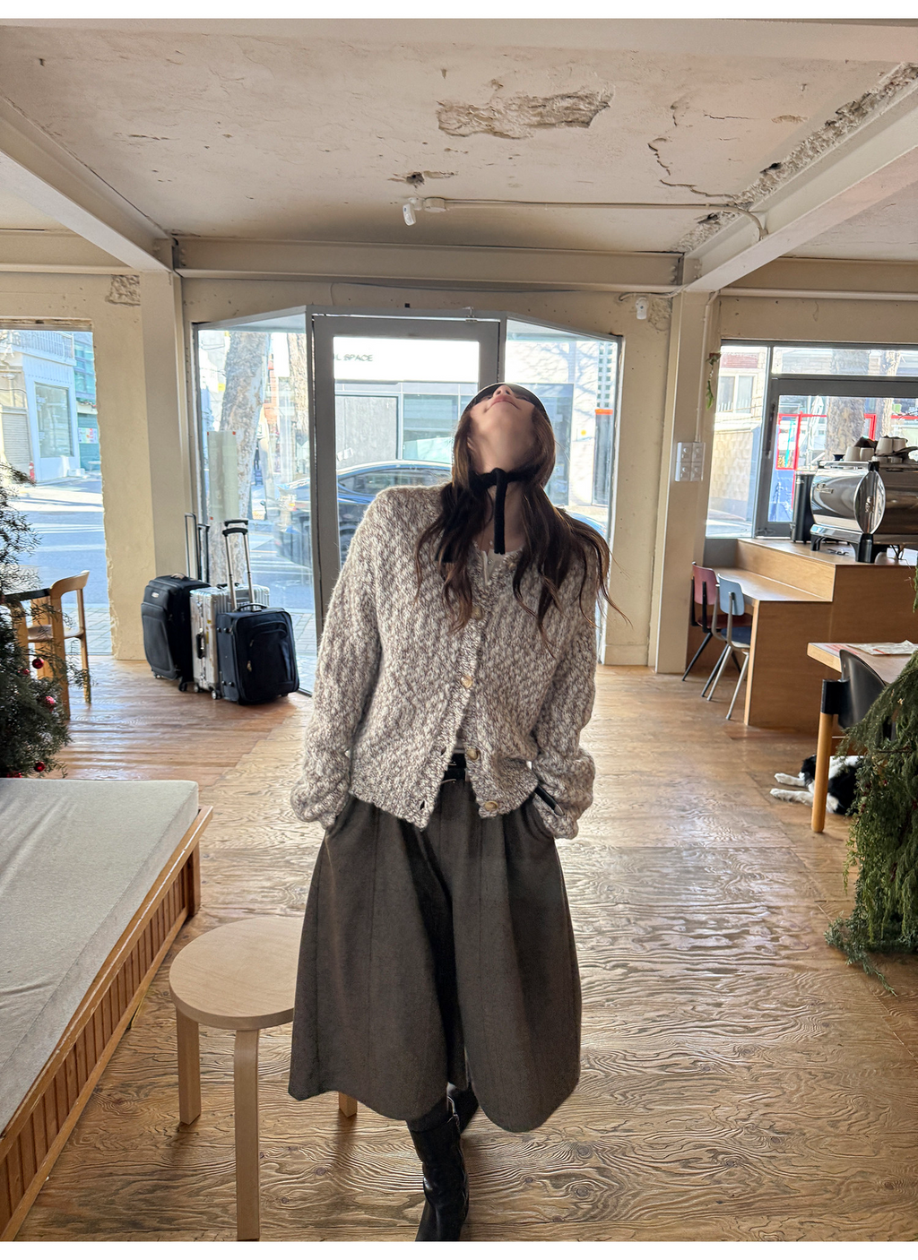 LelyMooch ウール混 ミックス編み ゆるニットカーデ  LEM313