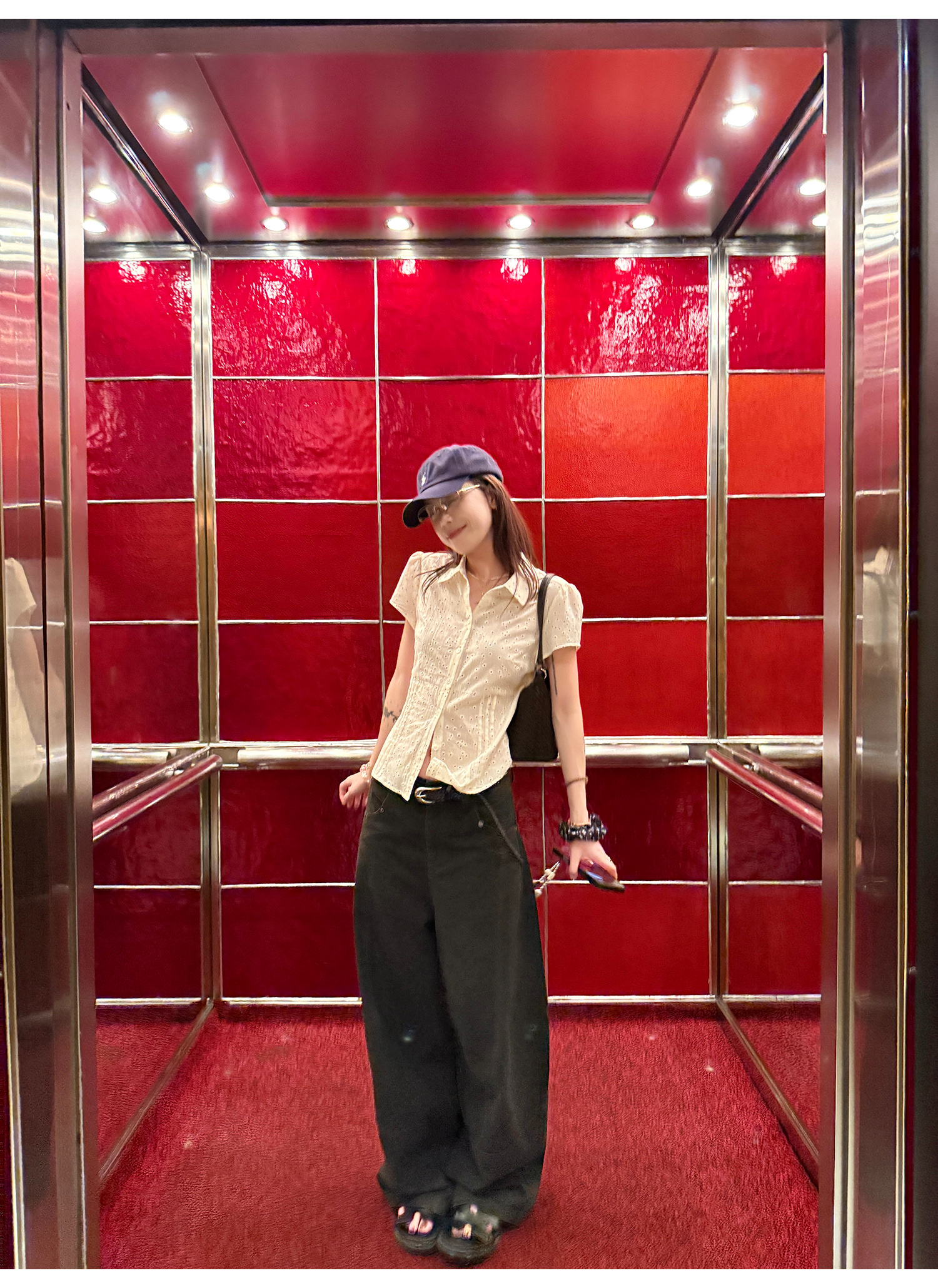 LelyMooch 古着風ブラックスタッズワイドパンツ  LEM215