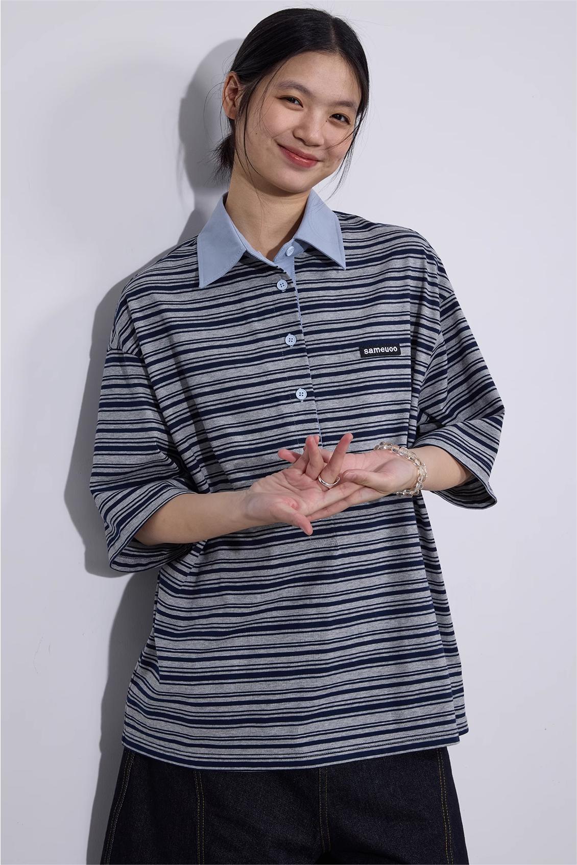 LoomL  ポロカラー ストライプ半袖Tシャツ  LOM016