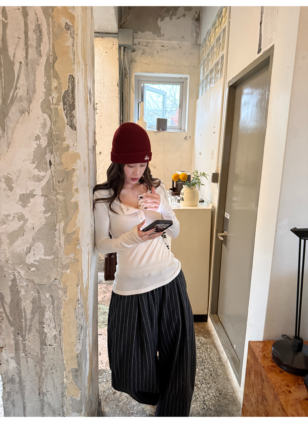 LelyMooch 3色展開 ヘンリーネック ウール混 インナートップス  LEM296