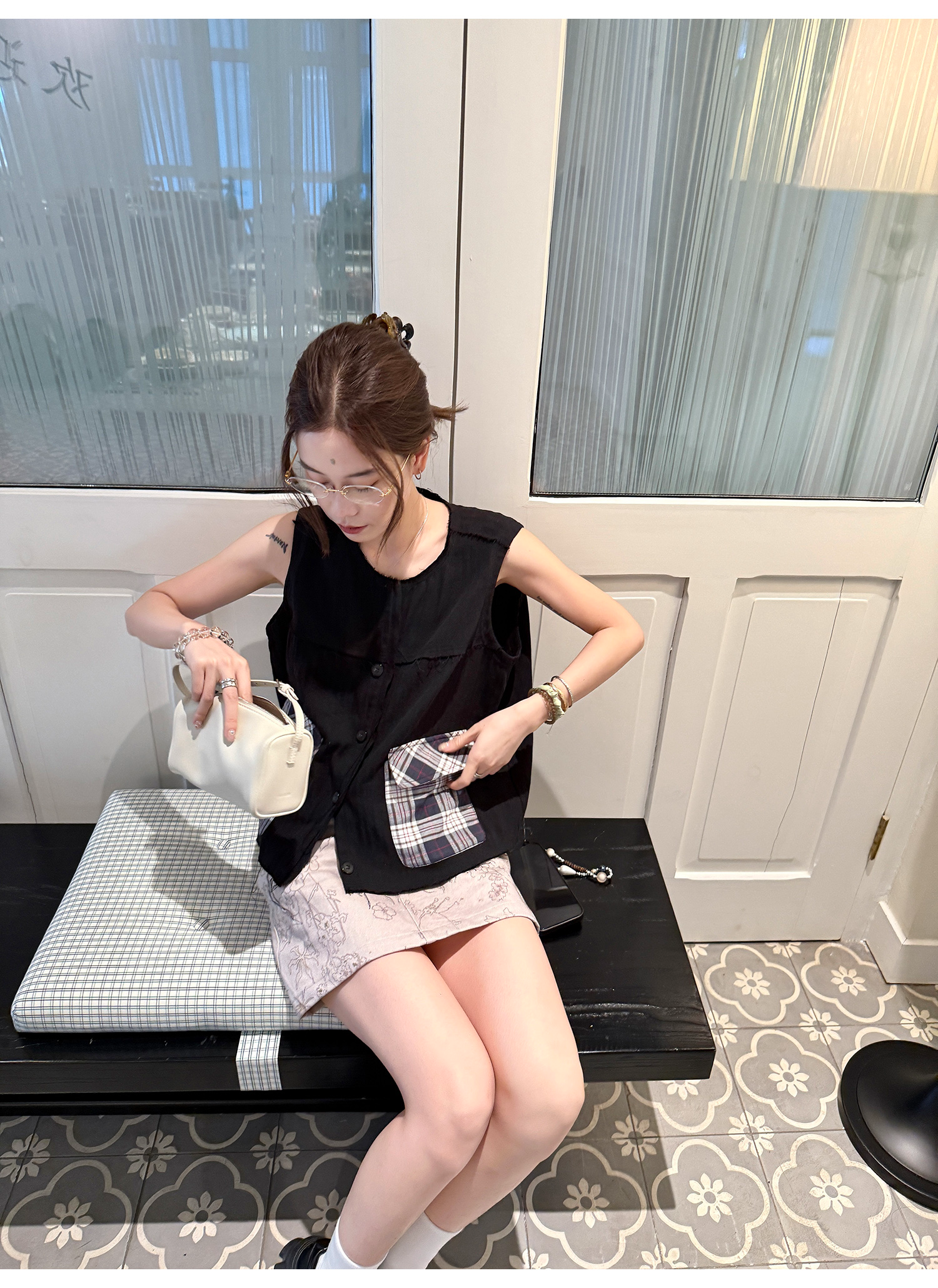 LelyMooch 配色チェック柄ノースリーブベスト  LEM218