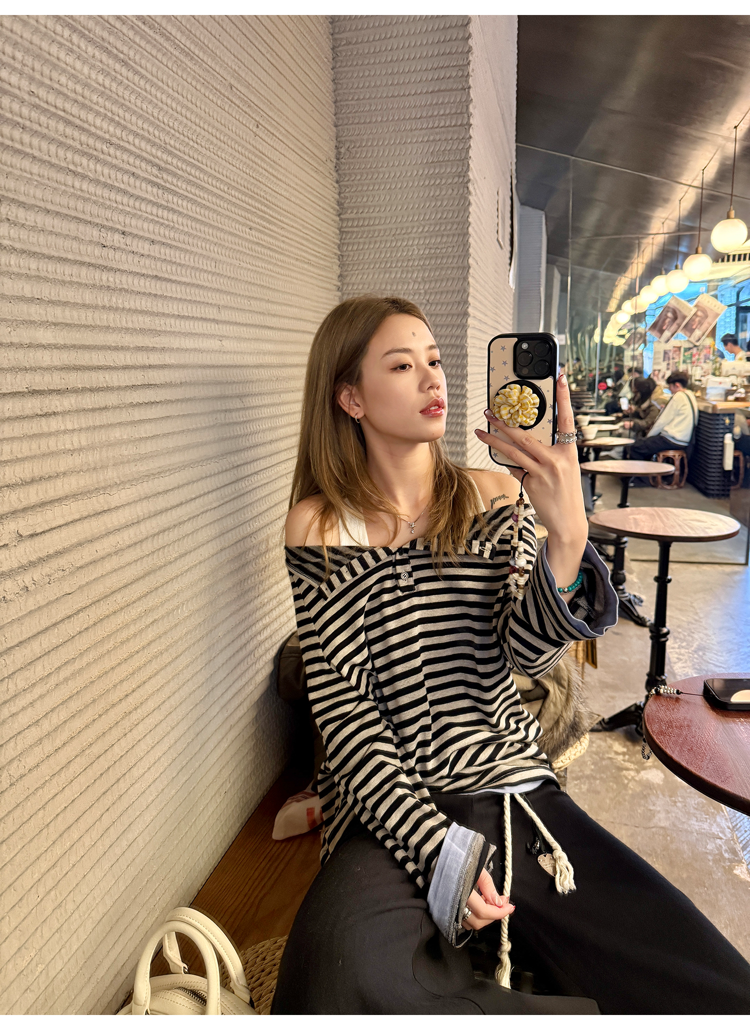 LelyMooch  オフショルダー ストライプ ロンTシャツ  LEM120