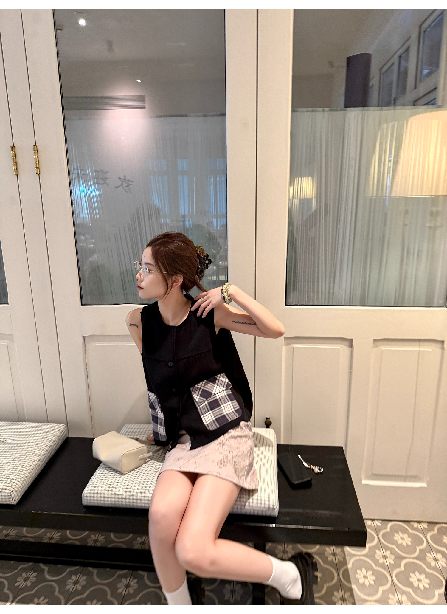 LelyMooch 配色チェック柄ノースリーブベスト  LEM218