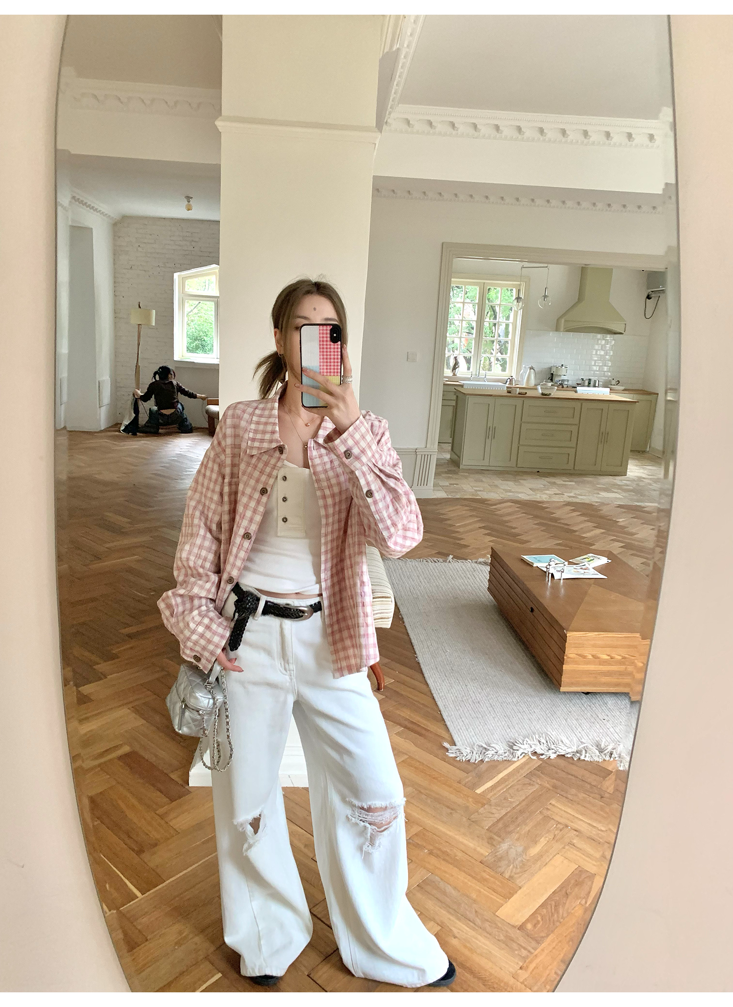 LelyMooch ピンクチェック リネン風　シャツジャケット  LEM119