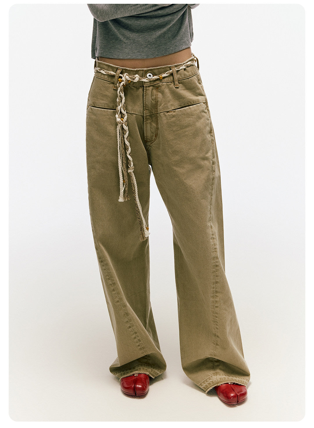 ムラ感デニム 断ち切り仕様 紐プレゼント イージーワイドパンツ LOM041