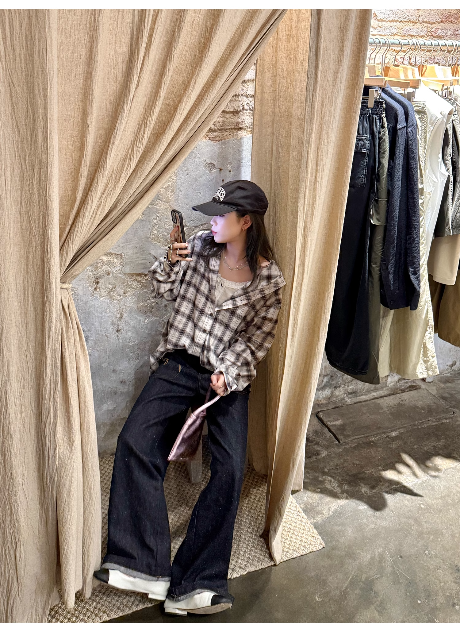 LelyMooch  フード付きミディ丈長袖チェックシャツ  LEM101