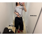 LelyMooch 細ボーダー 配色リブTシャツ  LEM380