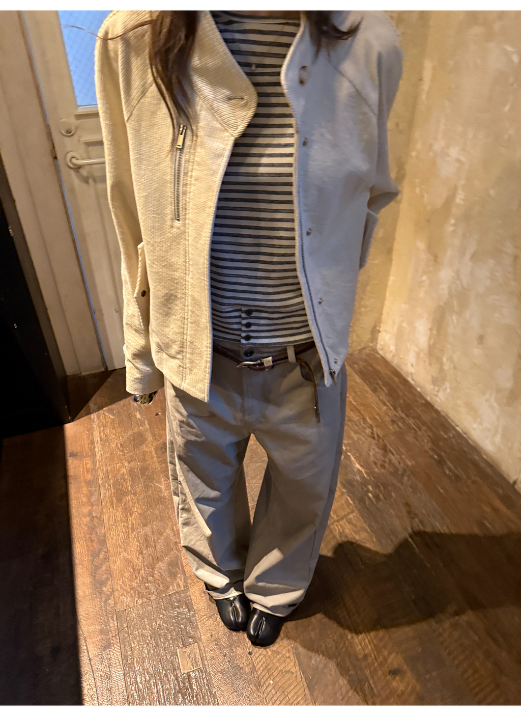 LelyMooch ふんわりグレーボーダーニット  LEM240