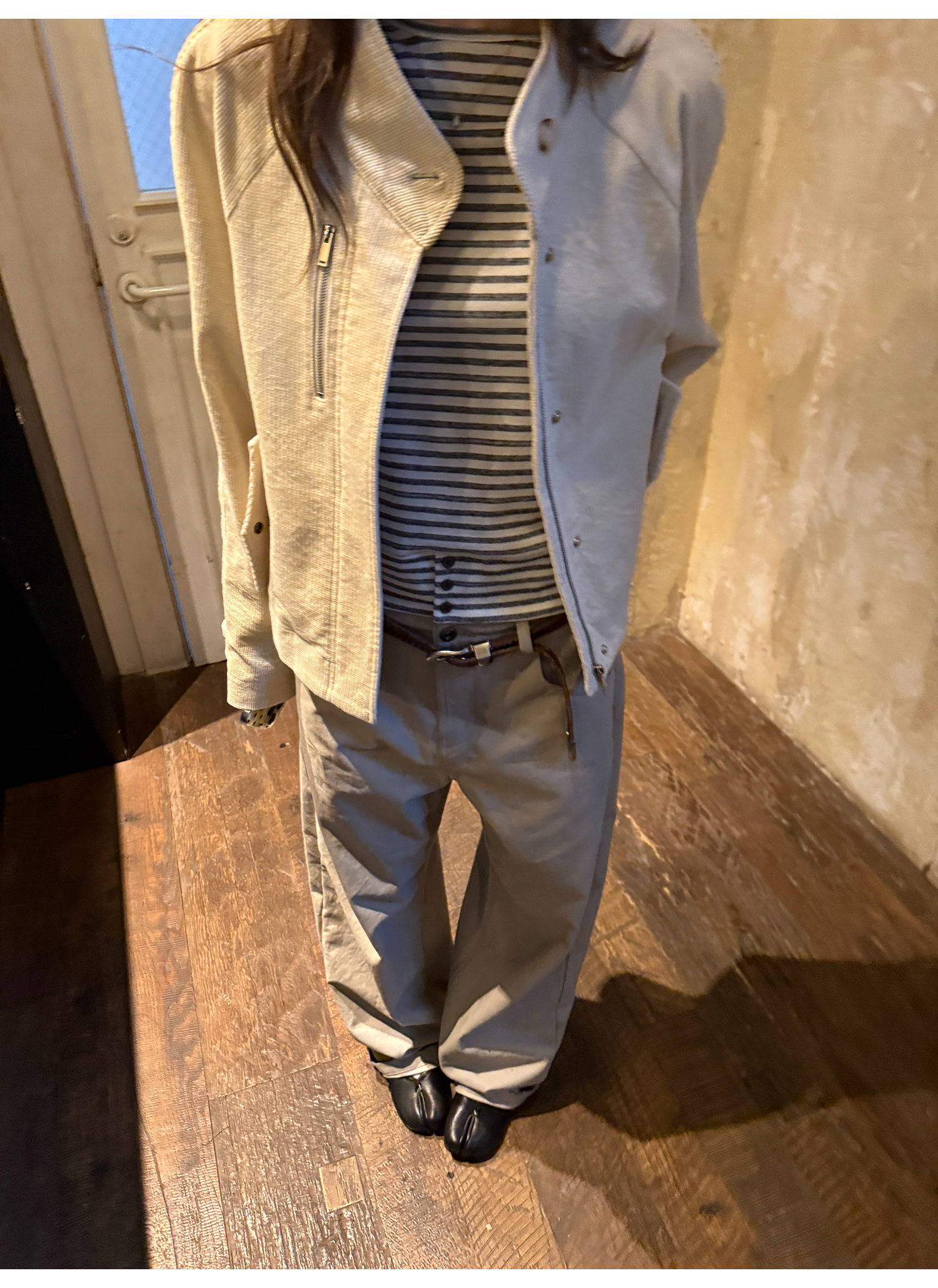 LelyMooch ふんわりグレーボーダーニット  LEM240