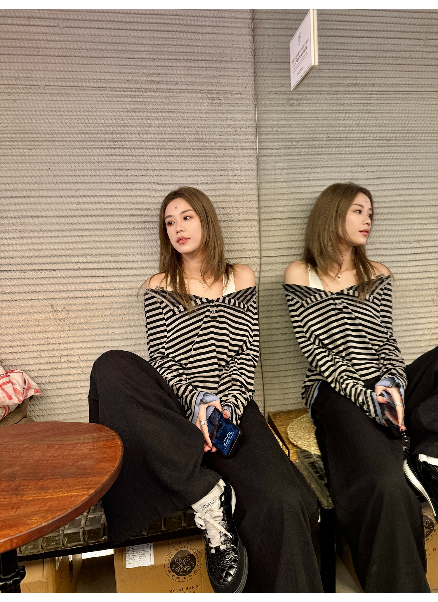 LelyMooch  オフショルダー ストライプ ロンTシャツ  LEM120