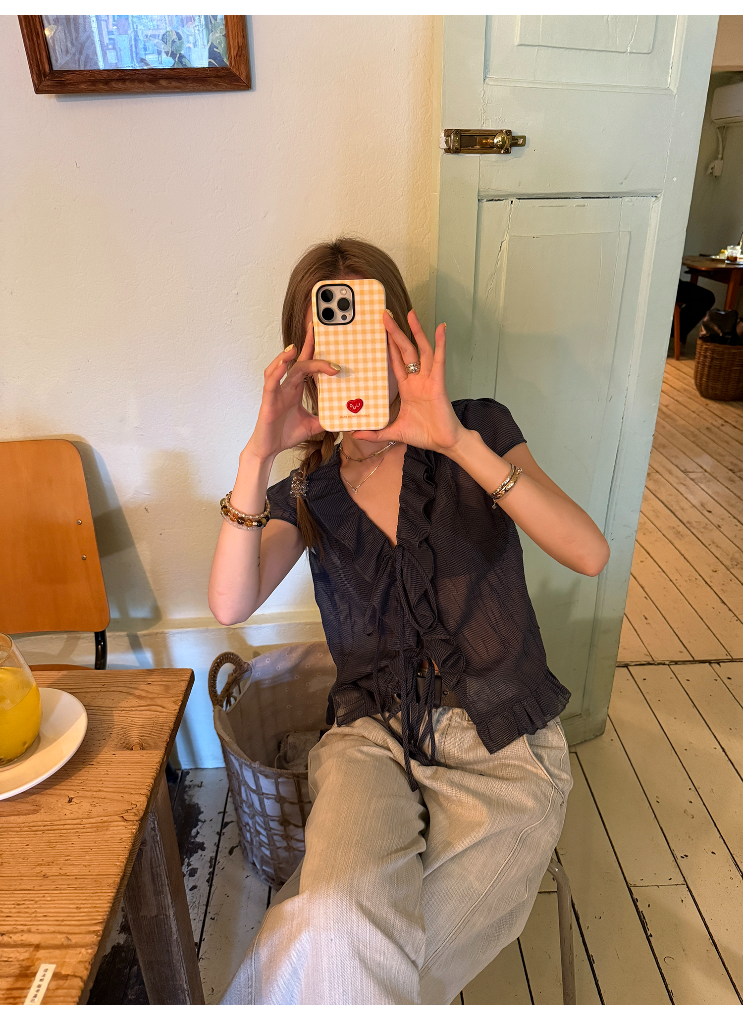 LelyMooch くしゅくしゅ涼感チェック フリルシャツ  LEM175