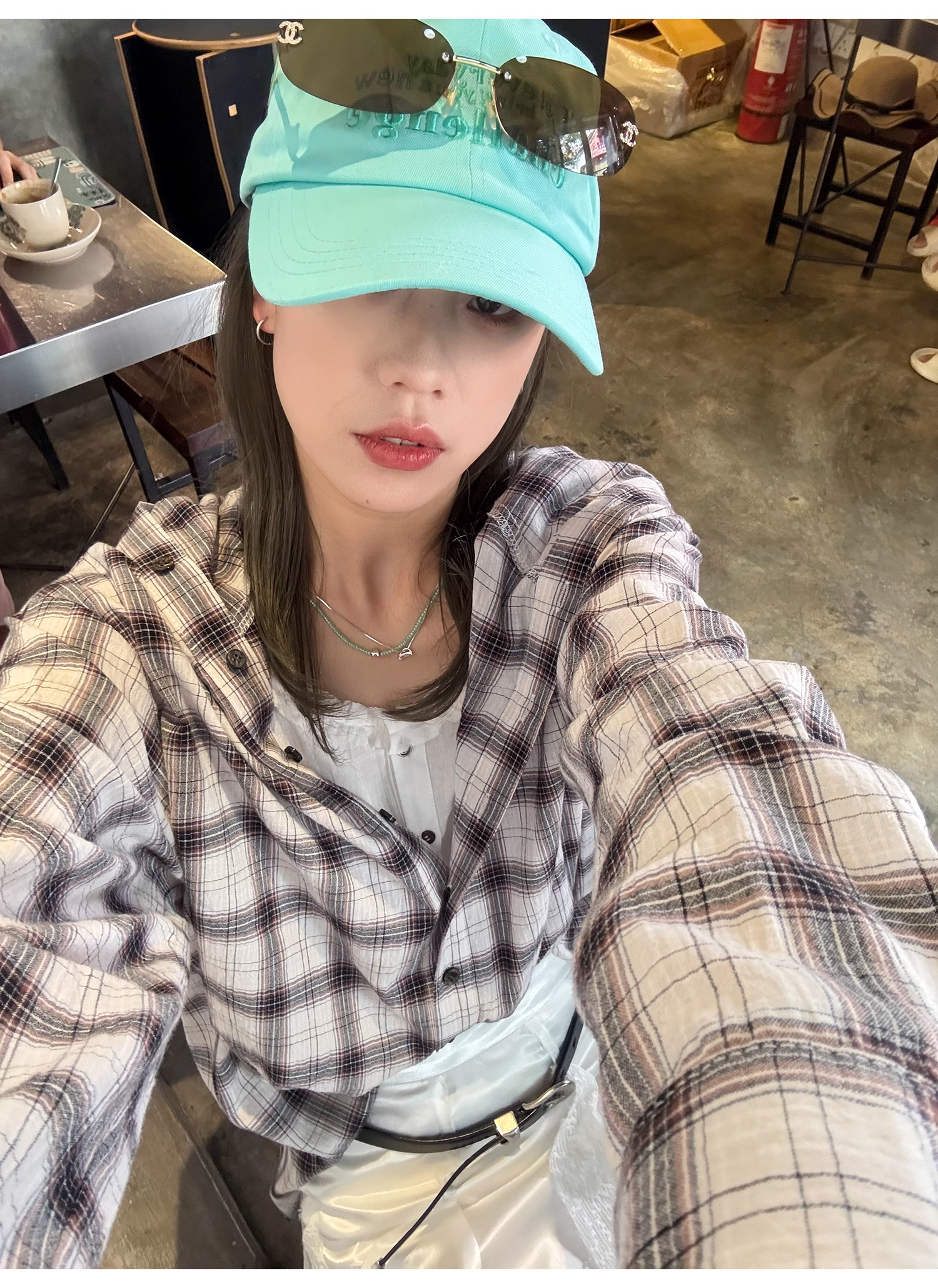 LelyMooch  フード付きミディ丈長袖チェックシャツ  LEM101