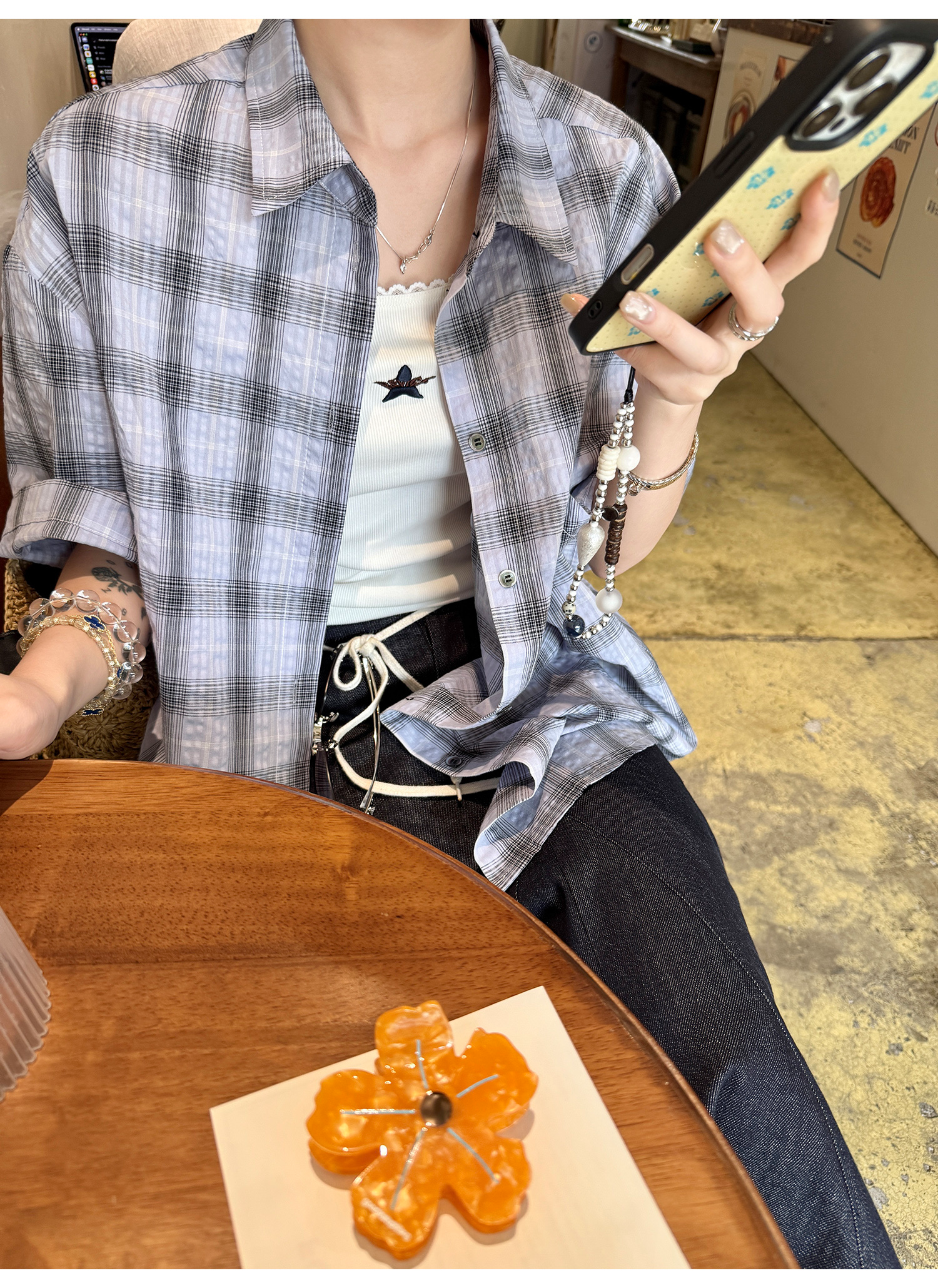 LelyMooch パープル格子柄・軽量半袖シャツ  LEM198