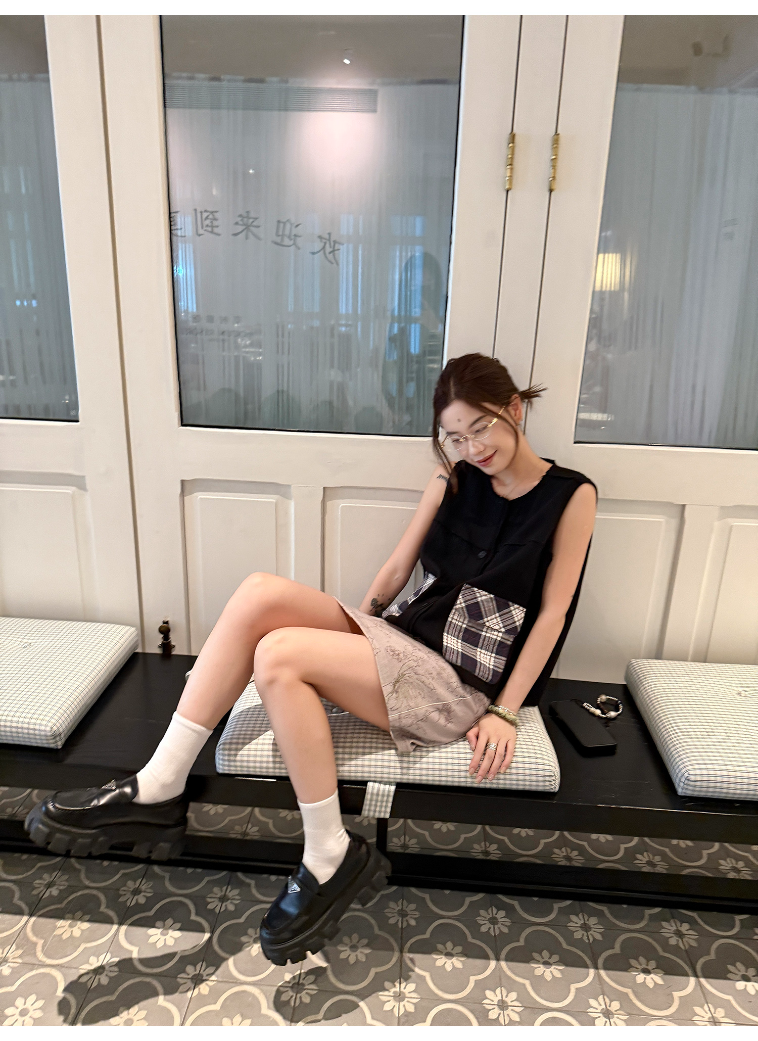 LelyMooch 配色チェック柄ノースリーブベスト  LEM218