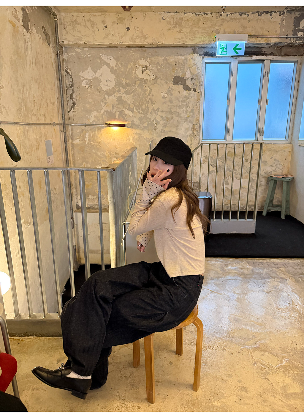 LelyMooch 黒グレー縞柄 すっきりストレートデニム　LEM319