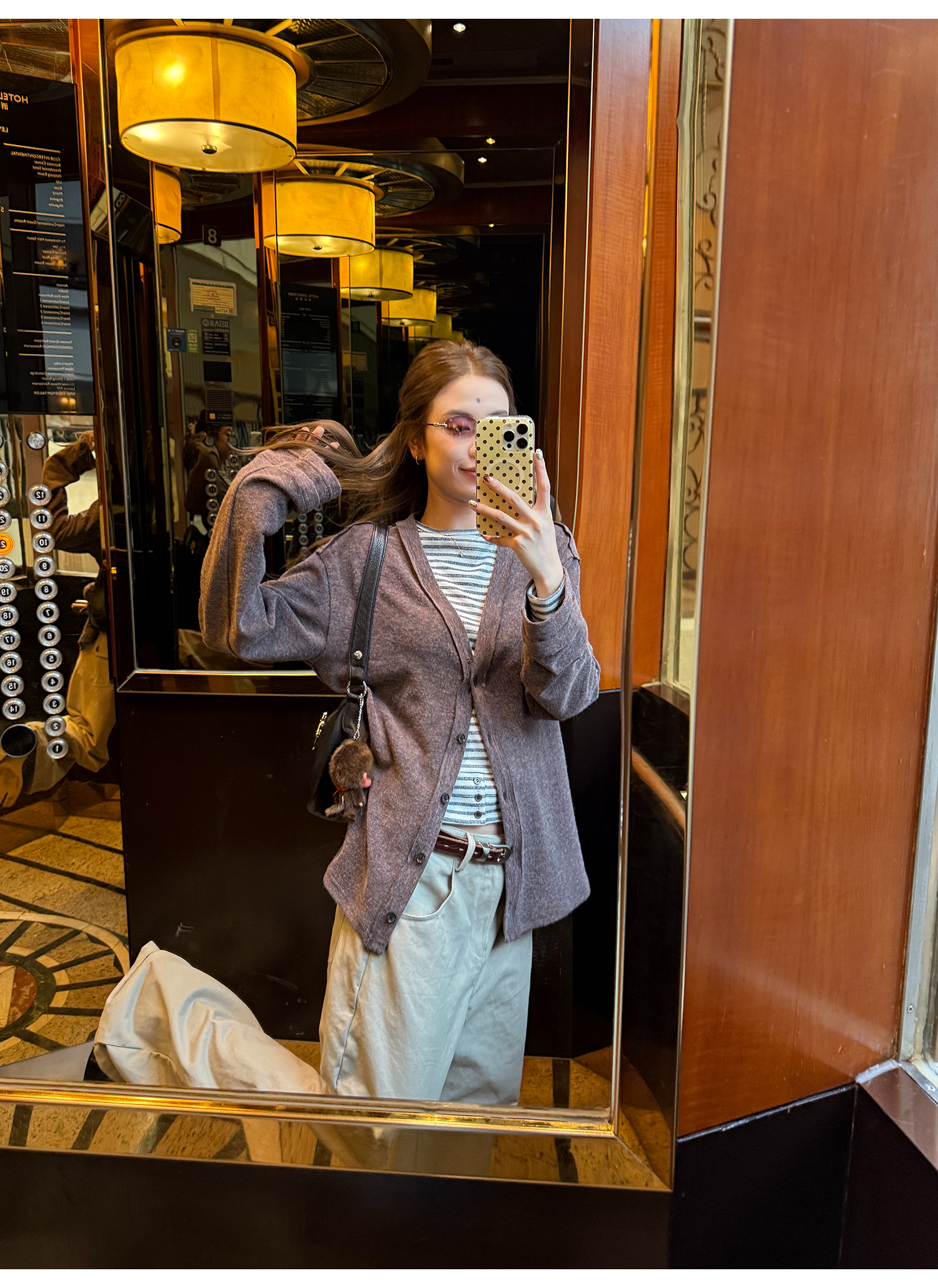 LelyMooch Vネック フェイクウールカーディガン 秋LEM234