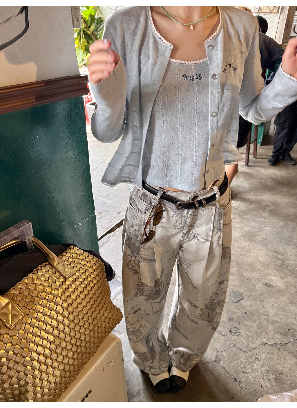 【7日以内にお届け】LelyMooch ヴィンテージ風 ジャカード デニムパンツ LEM109