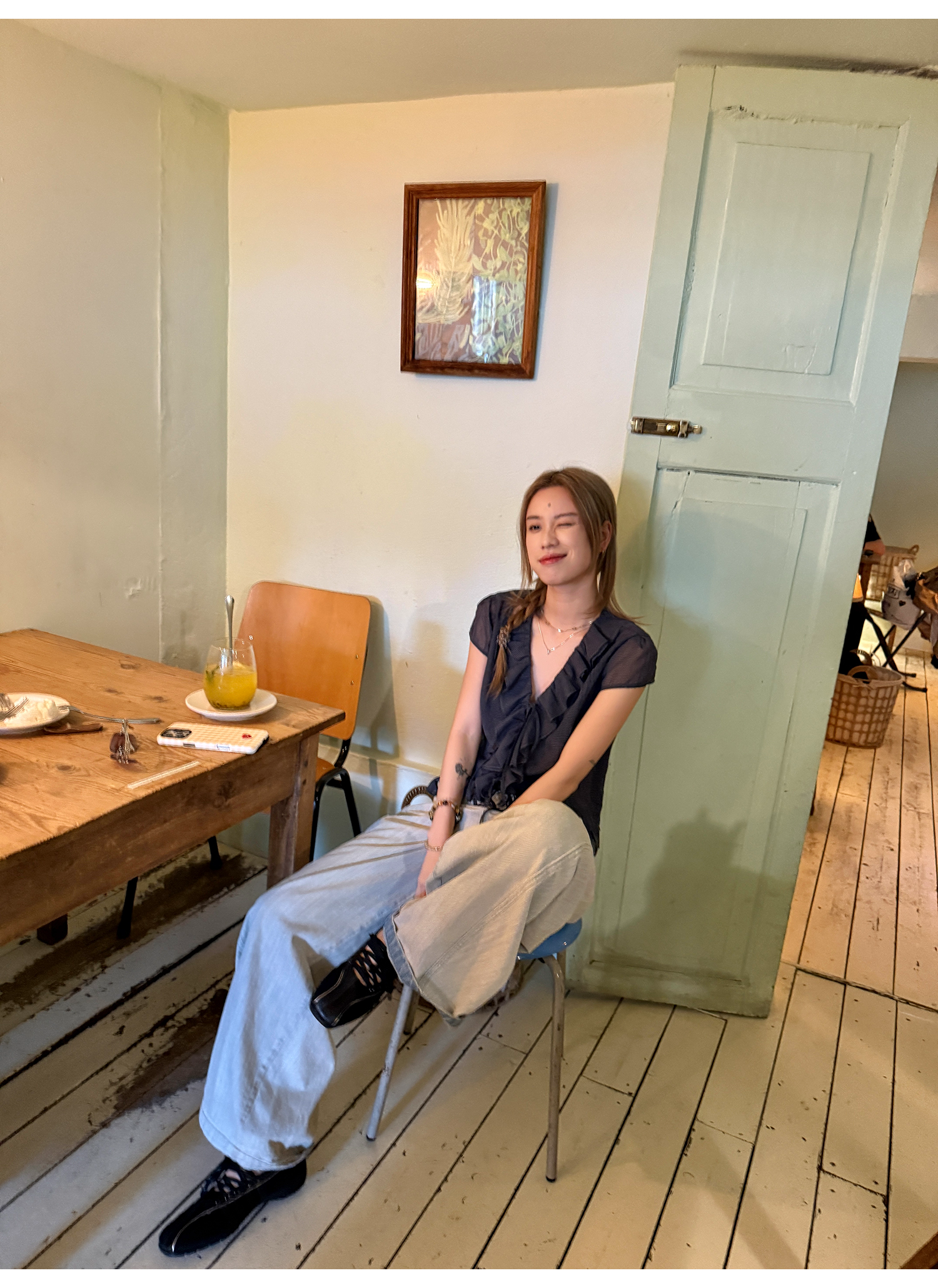 LelyMooch くしゅくしゅ涼感チェック フリルシャツ  LEM175