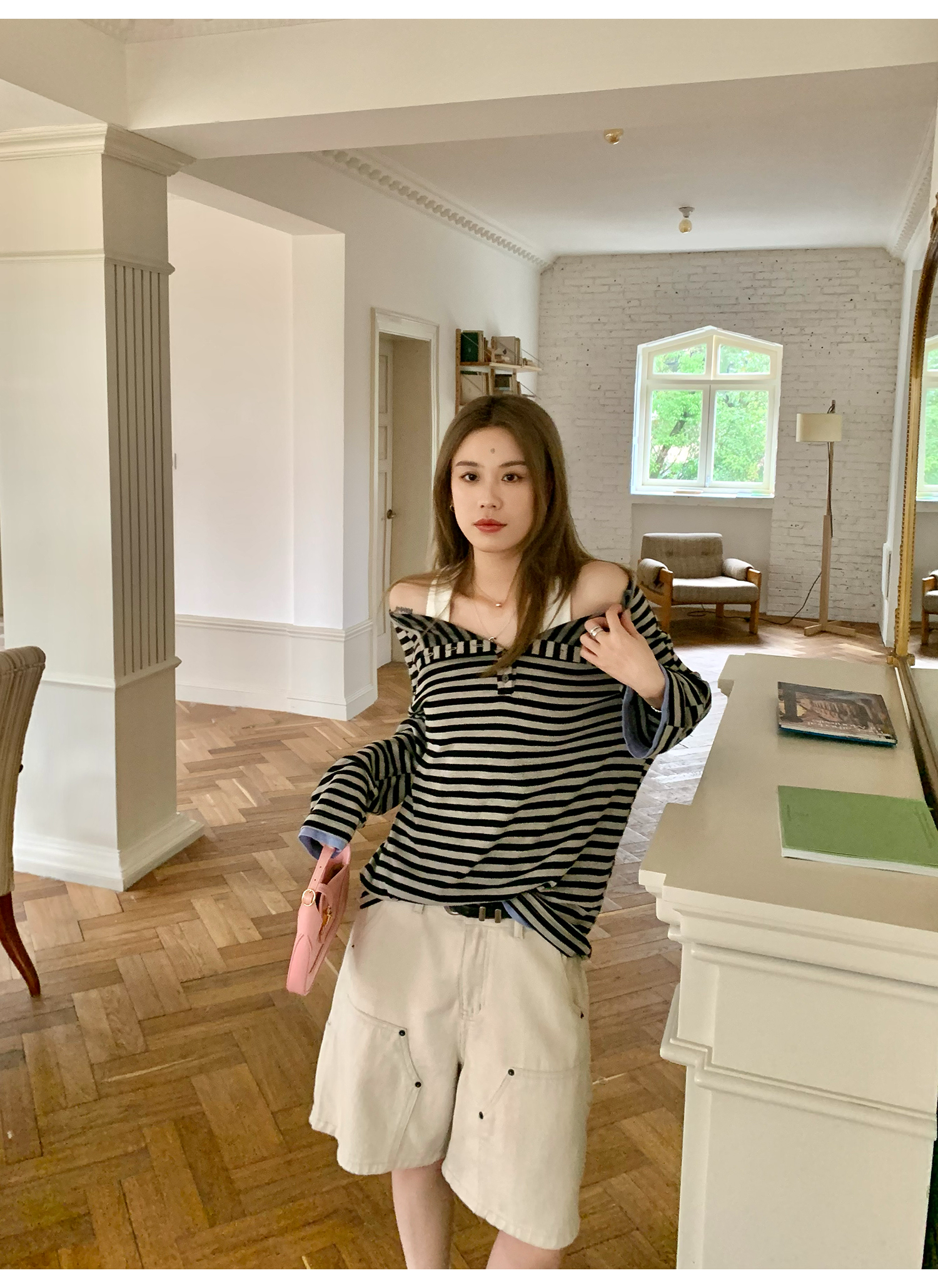 LelyMooch  オフショルダー ストライプ ロンTシャツ  LEM120