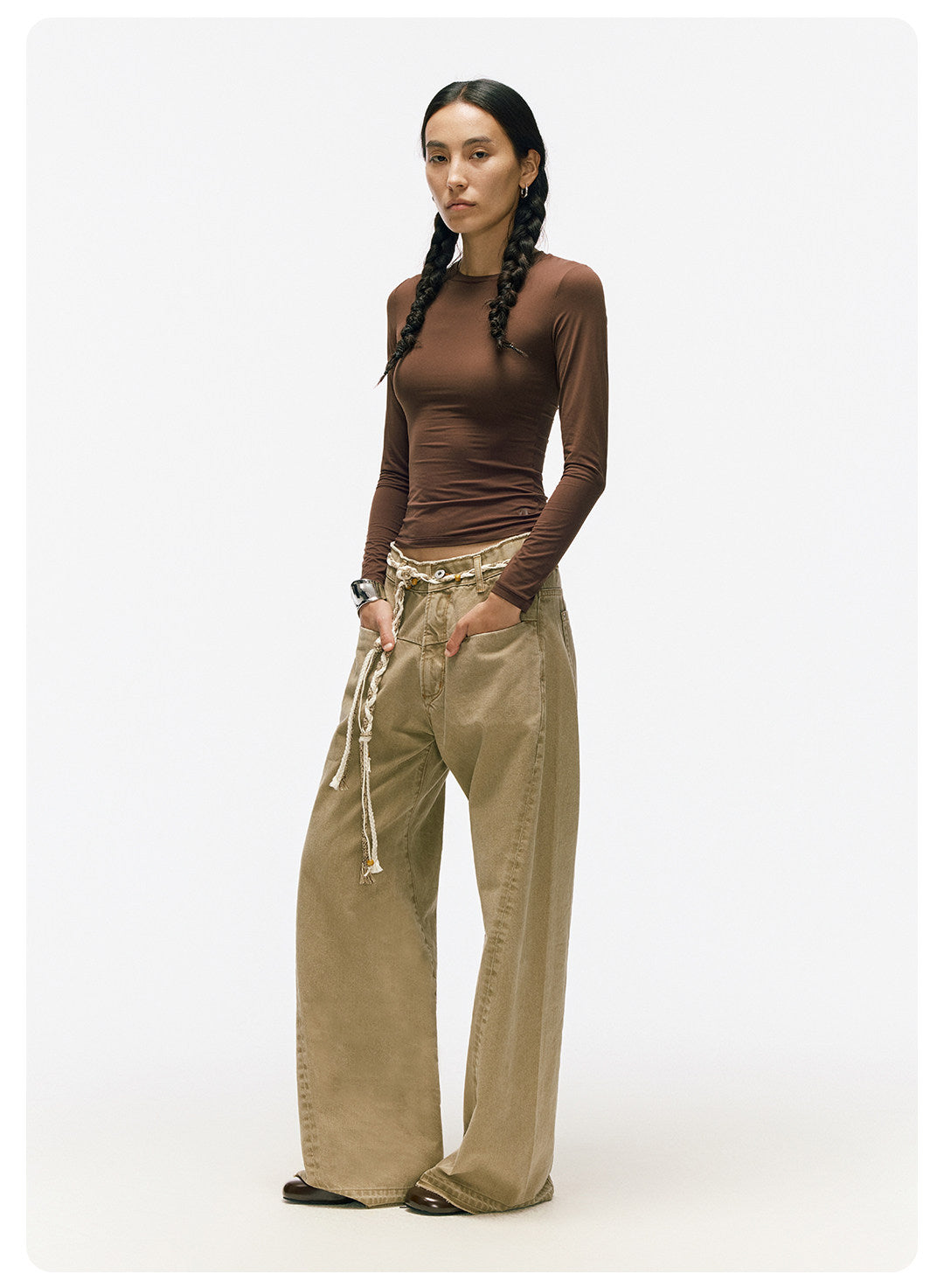 ムラ感デニム 断ち切り仕様 紐プレゼント イージーワイドパンツ LOM041