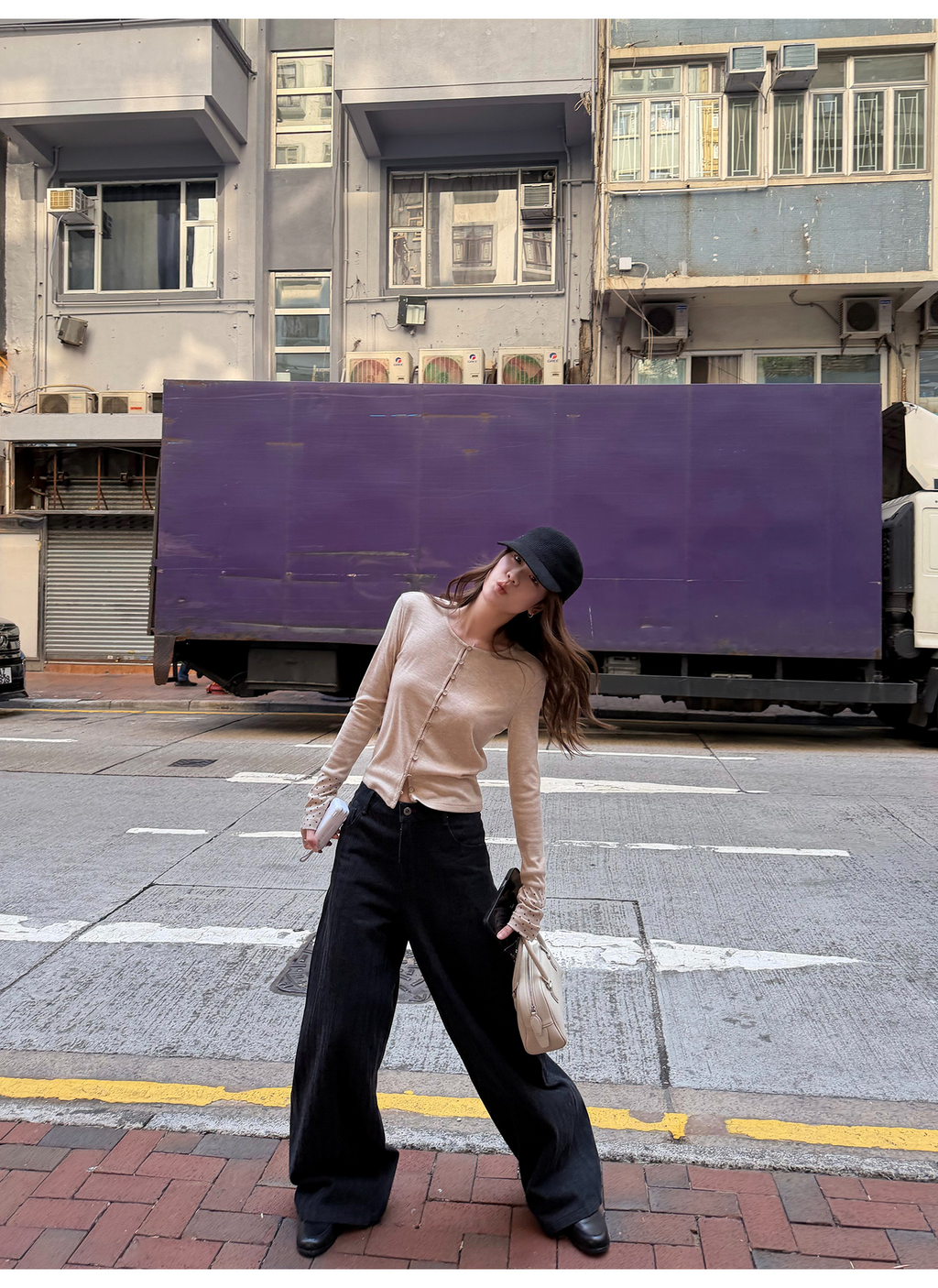 LelyMooch 黒グレー縞柄 すっきりストレートデニム　LEM319