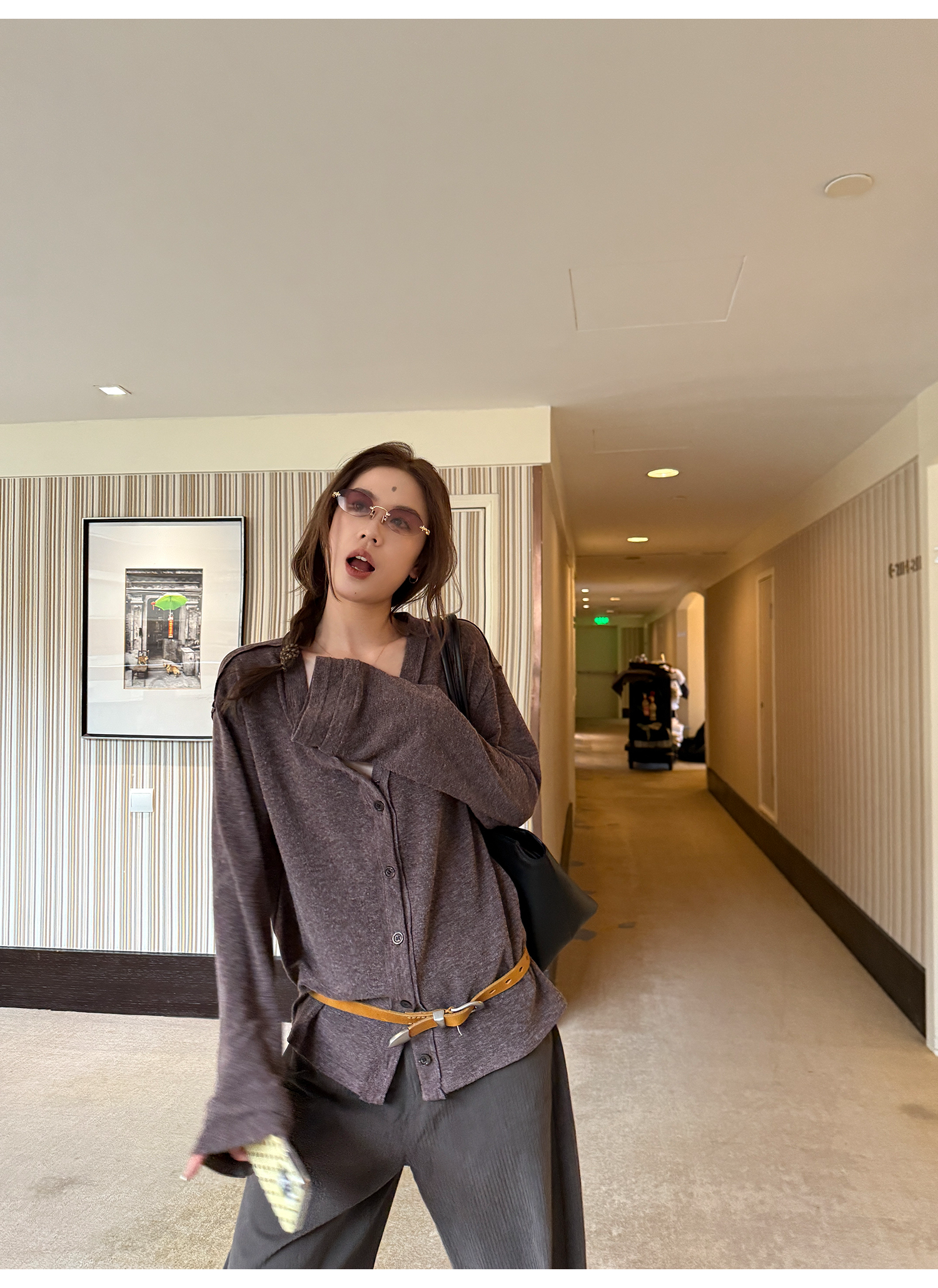 LelyMooch Vネック フェイクウールカーディガン 秋LEM234