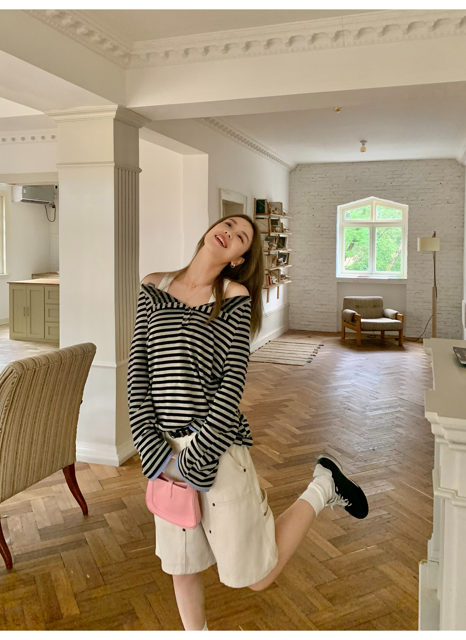 LelyMooch  オフショルダー ストライプ ロンTシャツ  LEM120