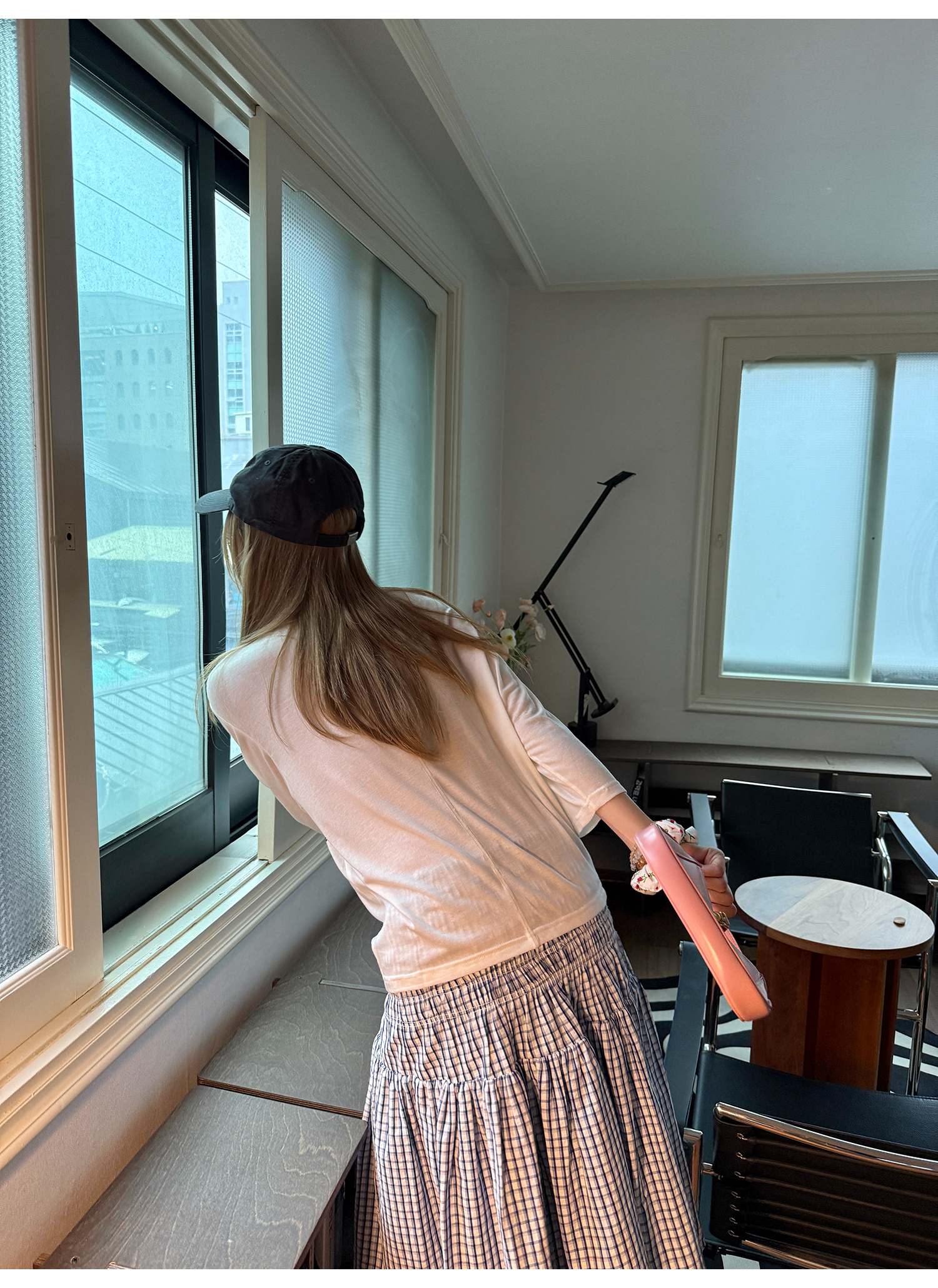 LelyMooch シアー素材×配色ステッチ ヘンリーネック七分袖  LEM178