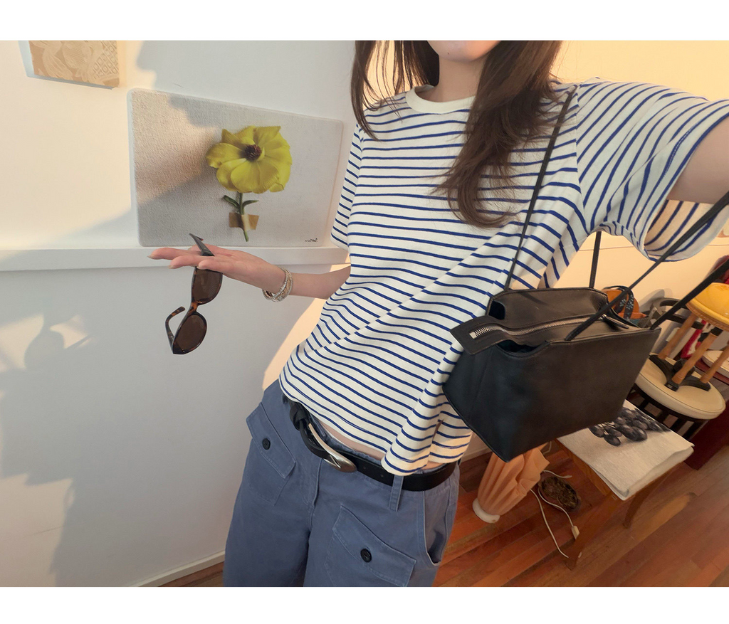 LelyMooch 細ボーダー 配色リブTシャツ  LEM380