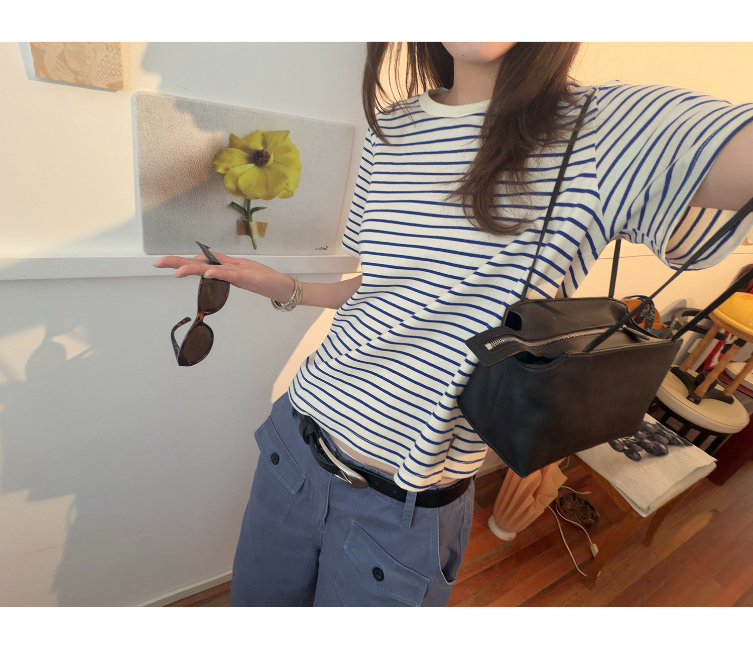 LelyMooch 細ボーダー 配色リブTシャツ  LEM380