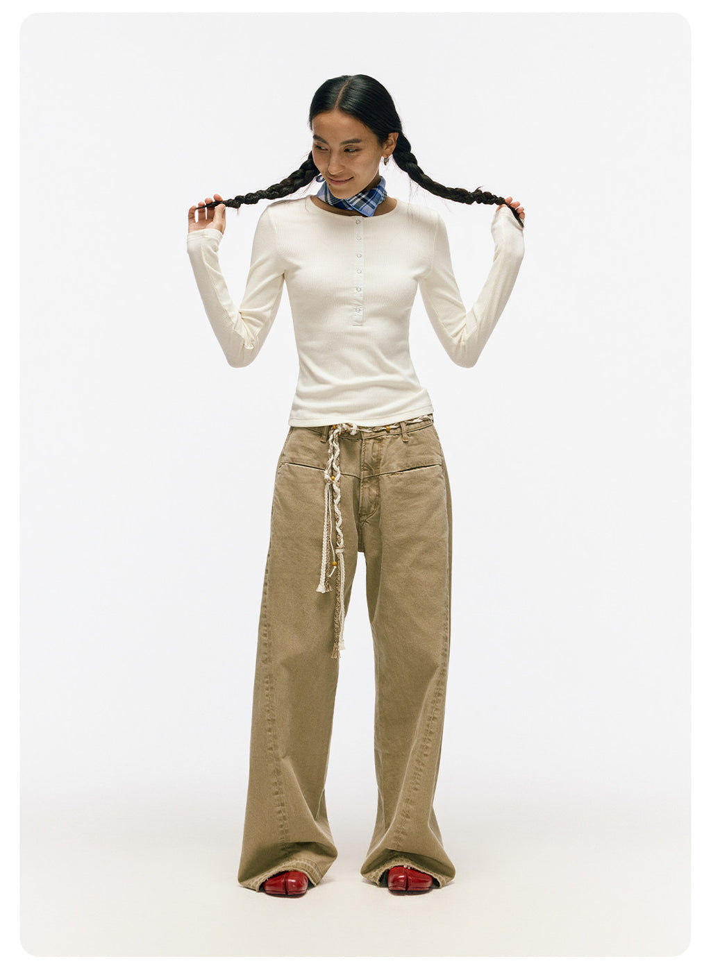 ムラ感デニム 断ち切り仕様 紐プレゼント イージーワイドパンツ LOM041