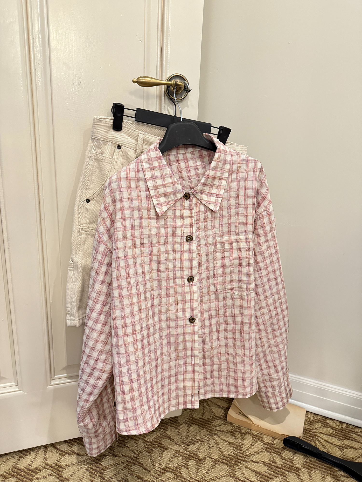 LelyMooch ピンクチェック リネン風　シャツジャケット  LEM119