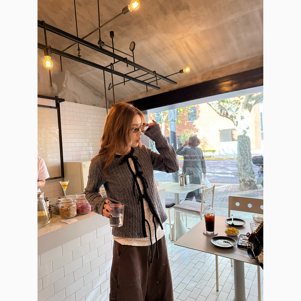 LelyMooch ケーブル調 × 配色リボン ニットトップス LEM276