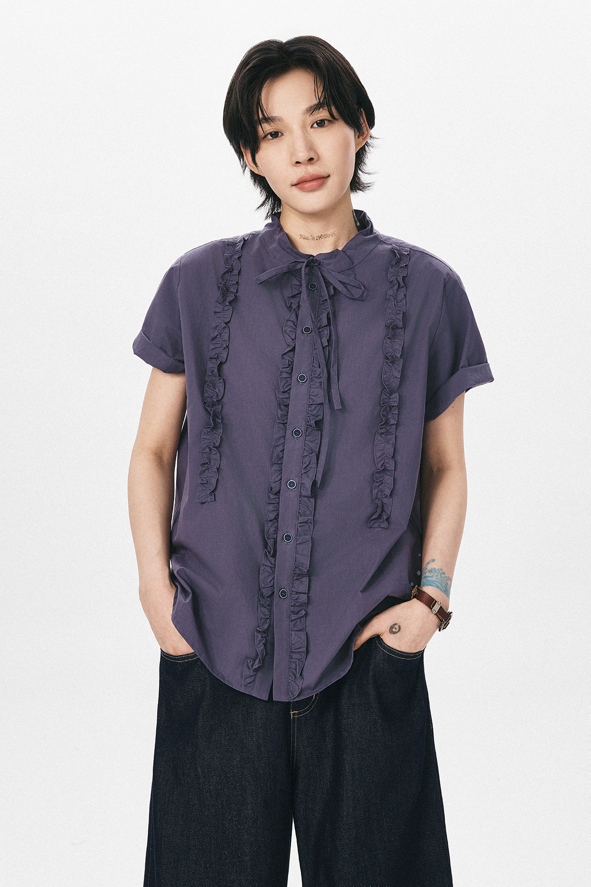 フリルリボン付き半袖シャツ  LOM028