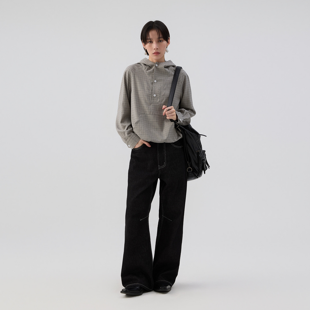 ドローコードヘム フーディーチェック柄 長袖シャツ  LOM037