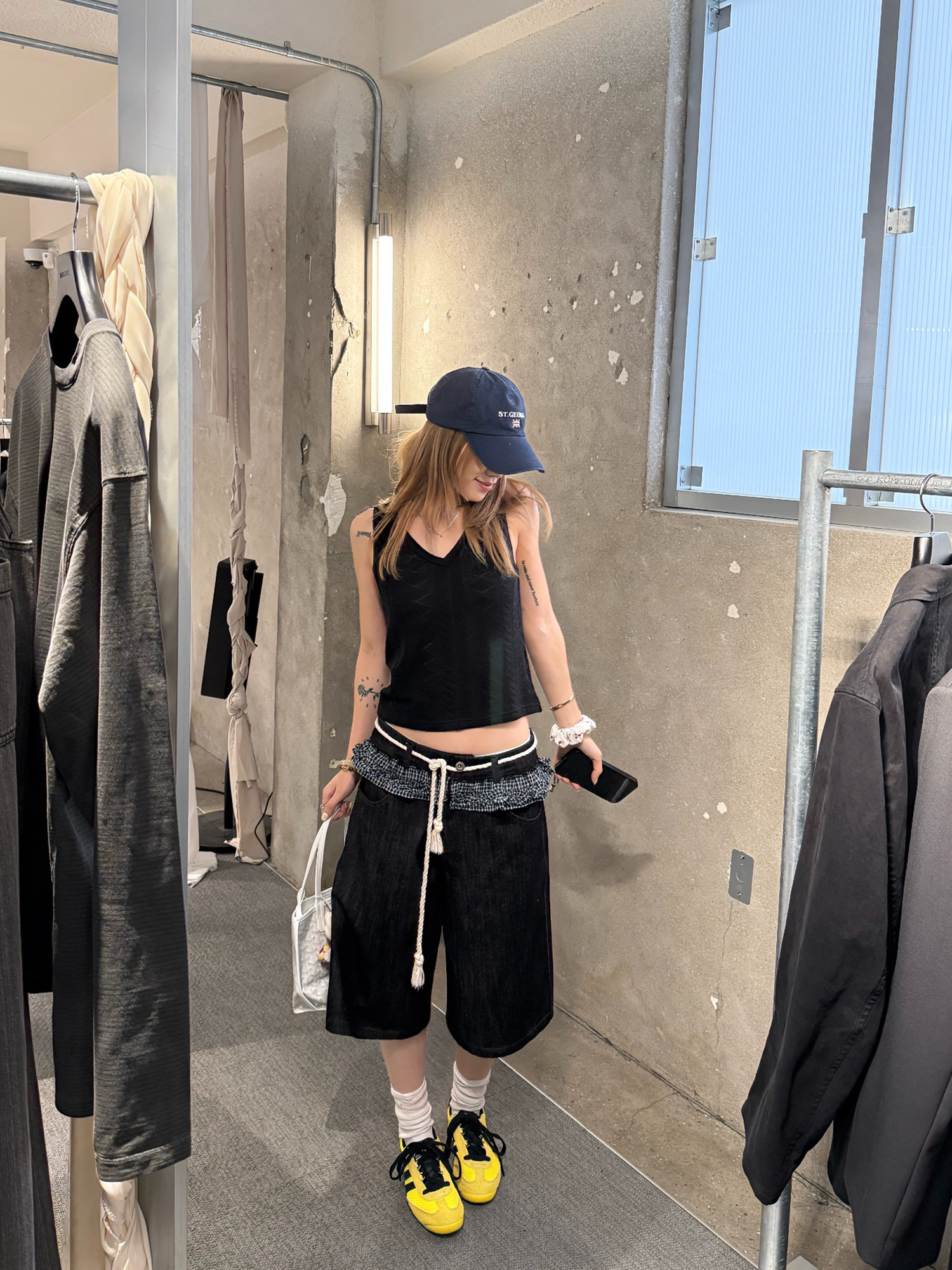 LelyMooch 赤ステッチ×ギンガムデニムハーフパンツ   LEM201