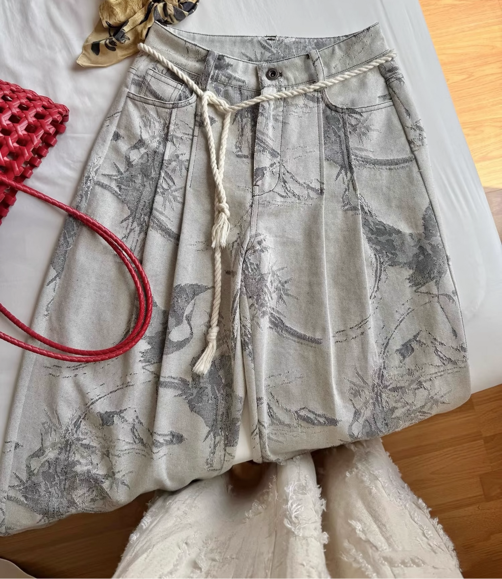 【7日以内にお届け】LelyMooch ヴィンテージ風 ジャカード デニムパンツ LEM109