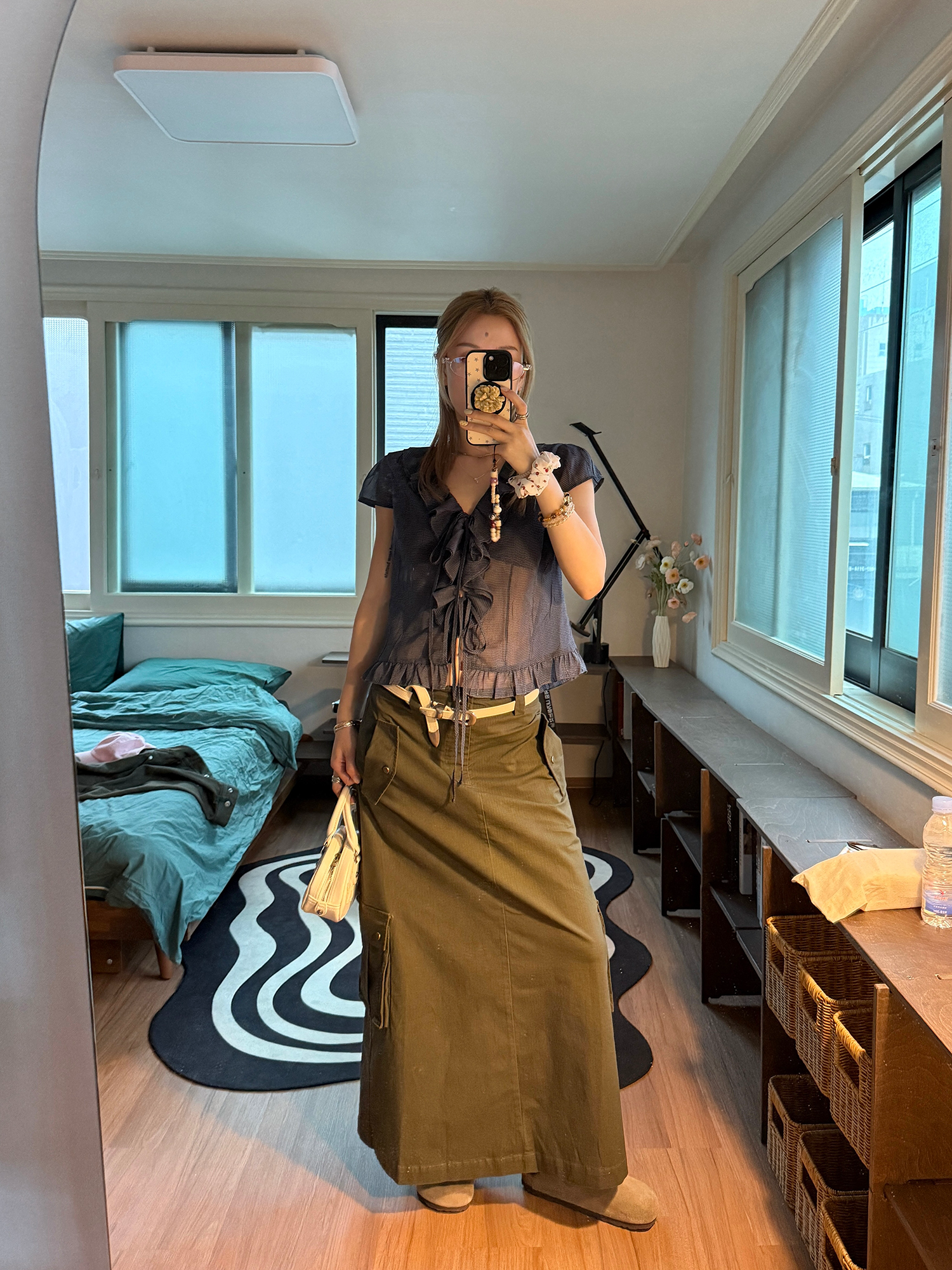 LelyMooch くしゅくしゅ涼感チェック フリルシャツ  LEM175