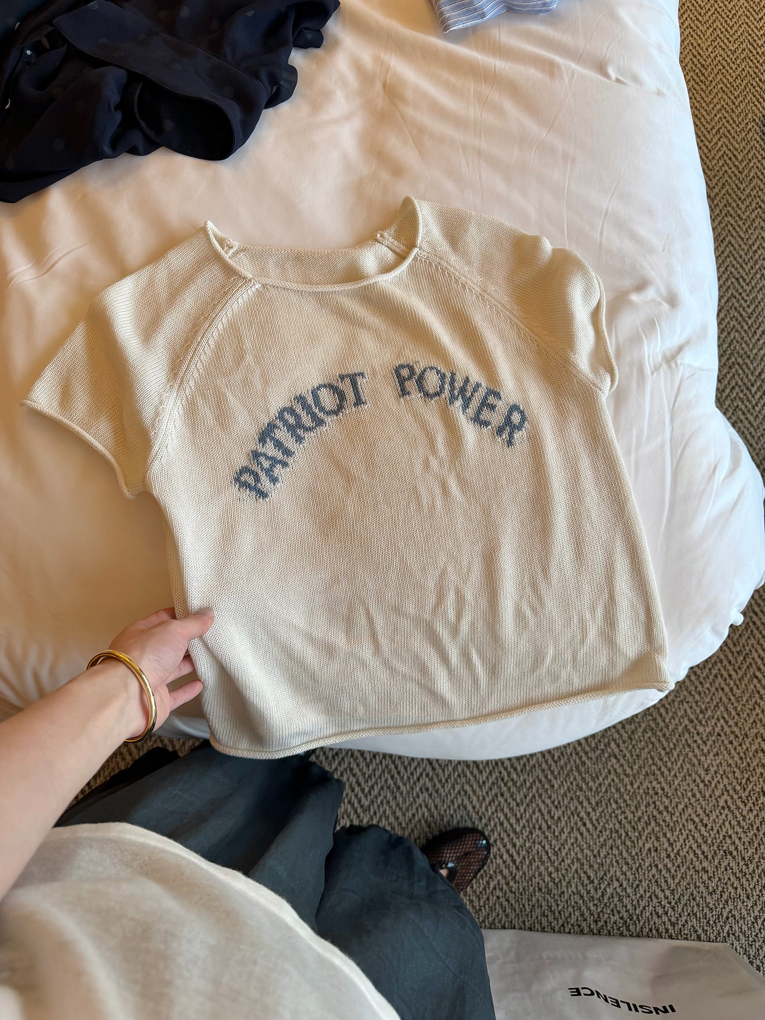 LelyMooch リネン混サマーニット ロゴ刺繍半袖トップス  LEM370
