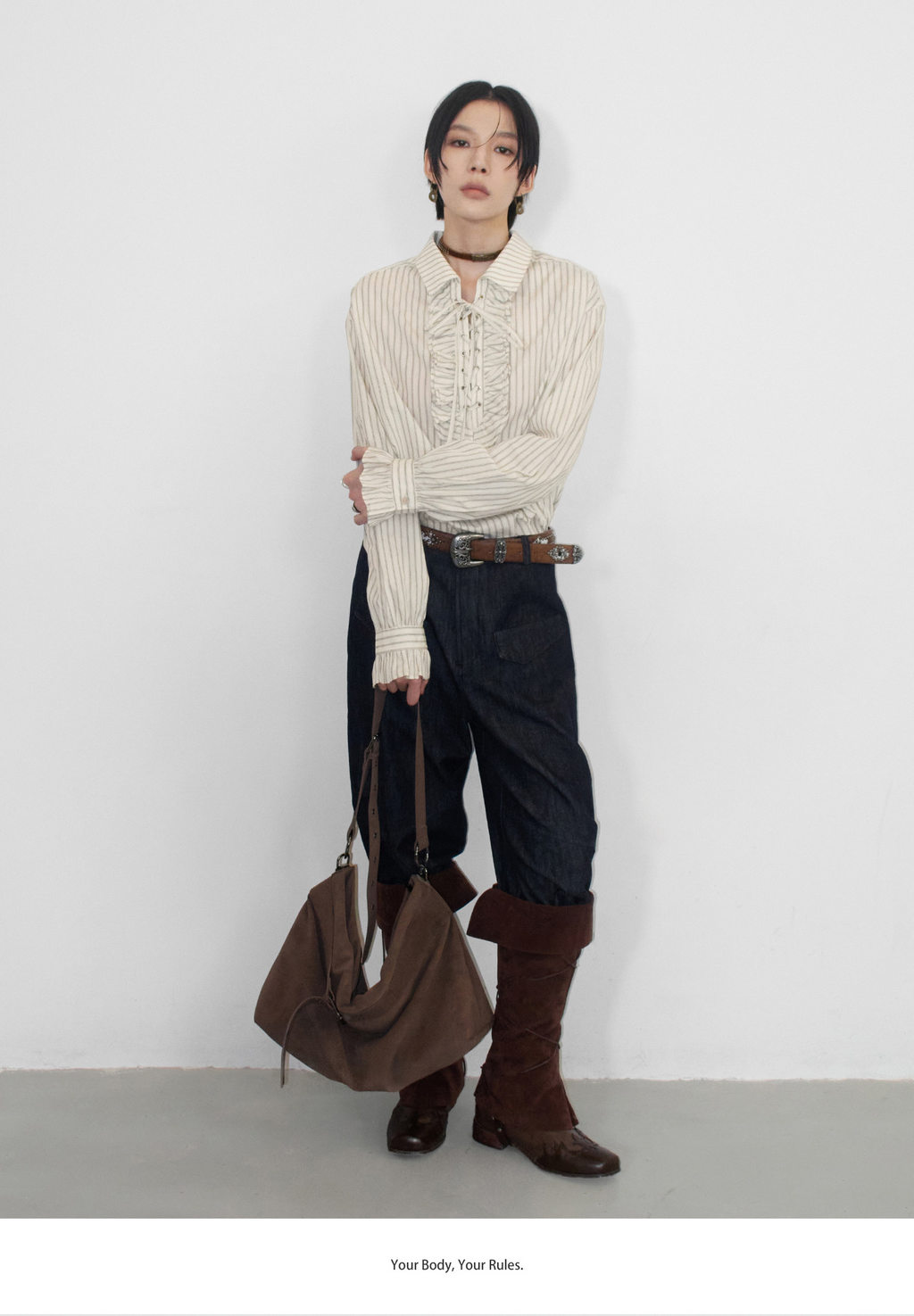 前結びデザイン 縦縞ブラウス  LOM042