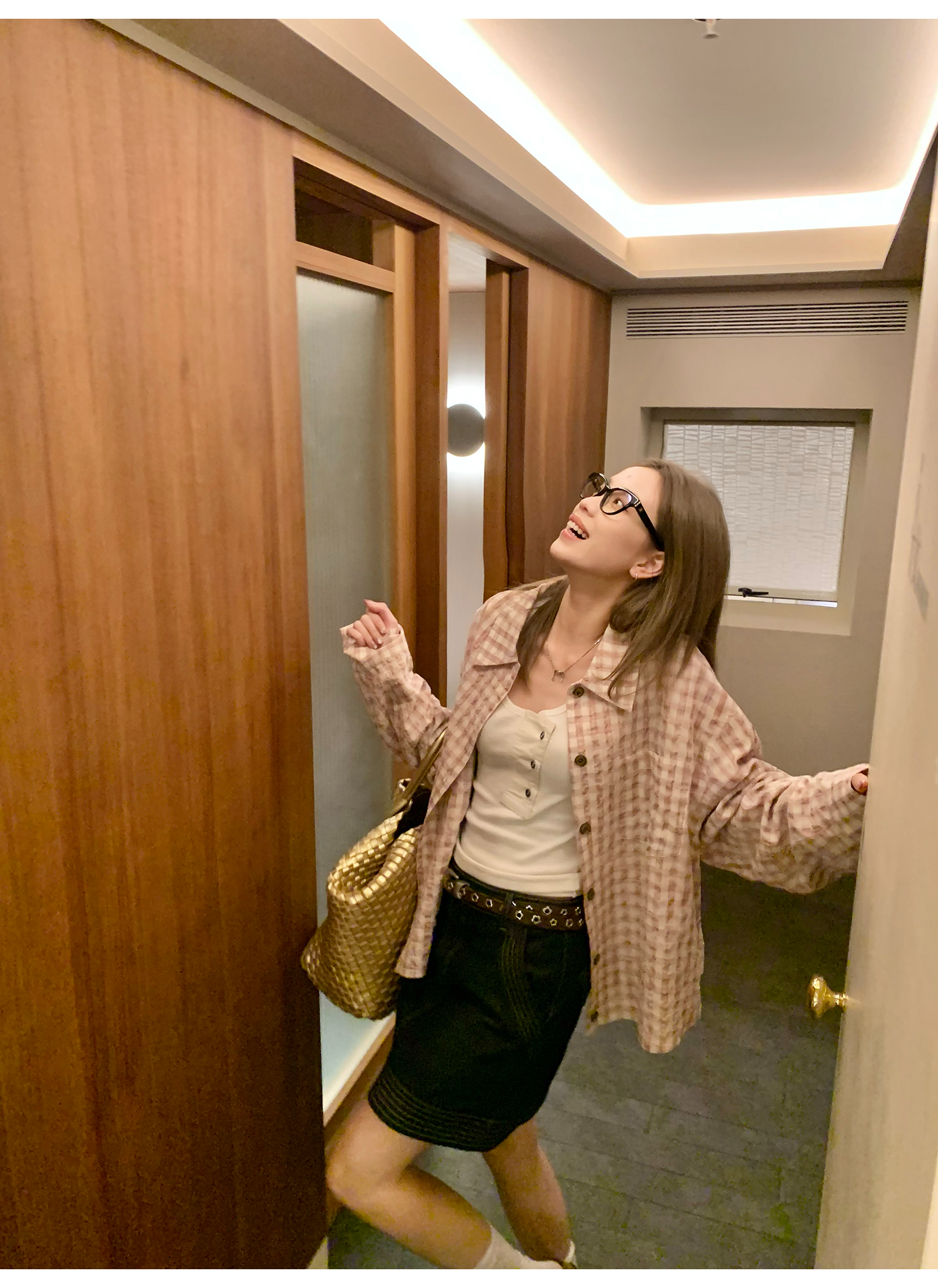 LelyMooch ピンクチェック リネン風　シャツジャケット  LEM119