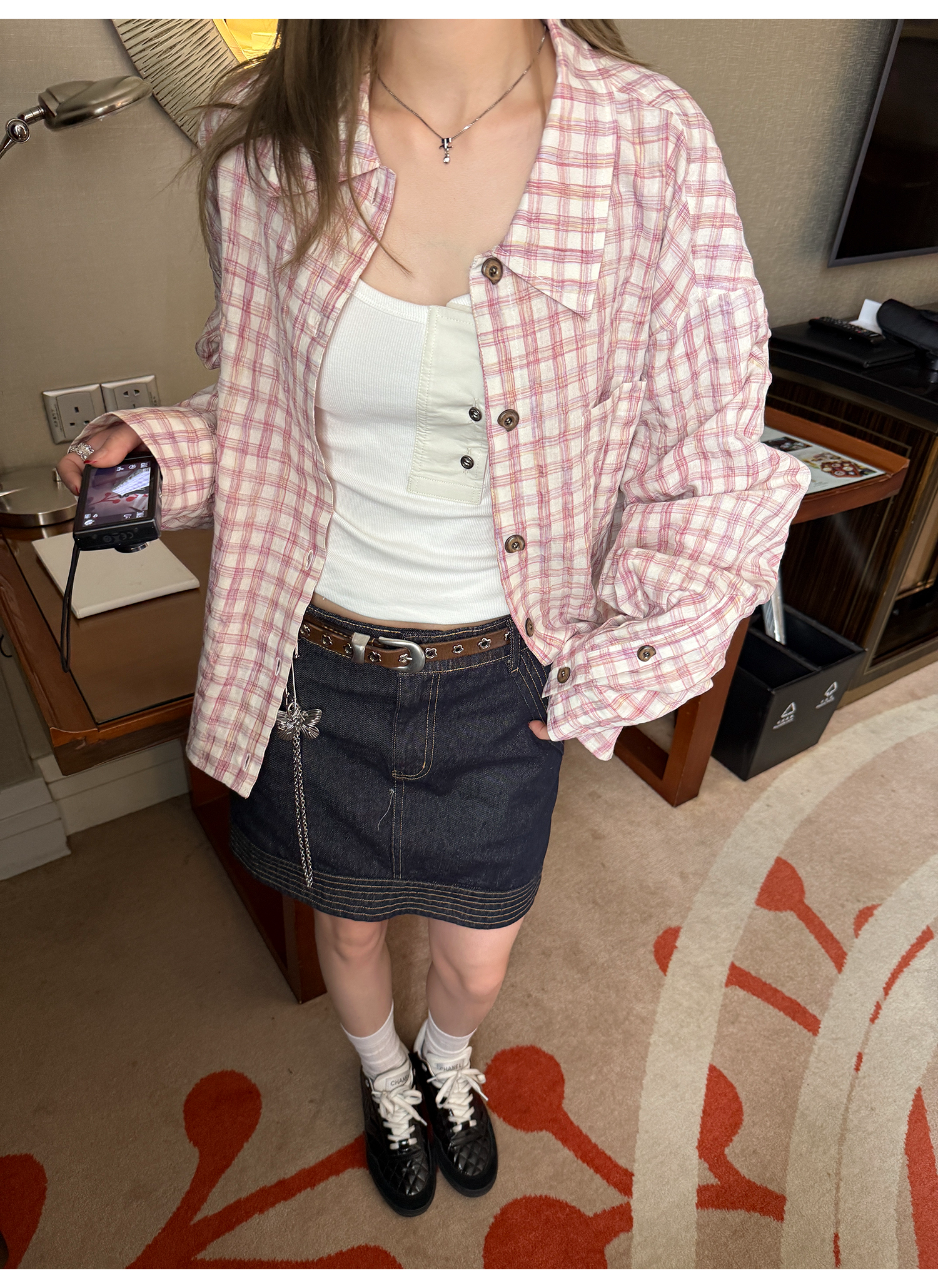 LelyMooch ピンクチェック リネン風　シャツジャケット  LEM119