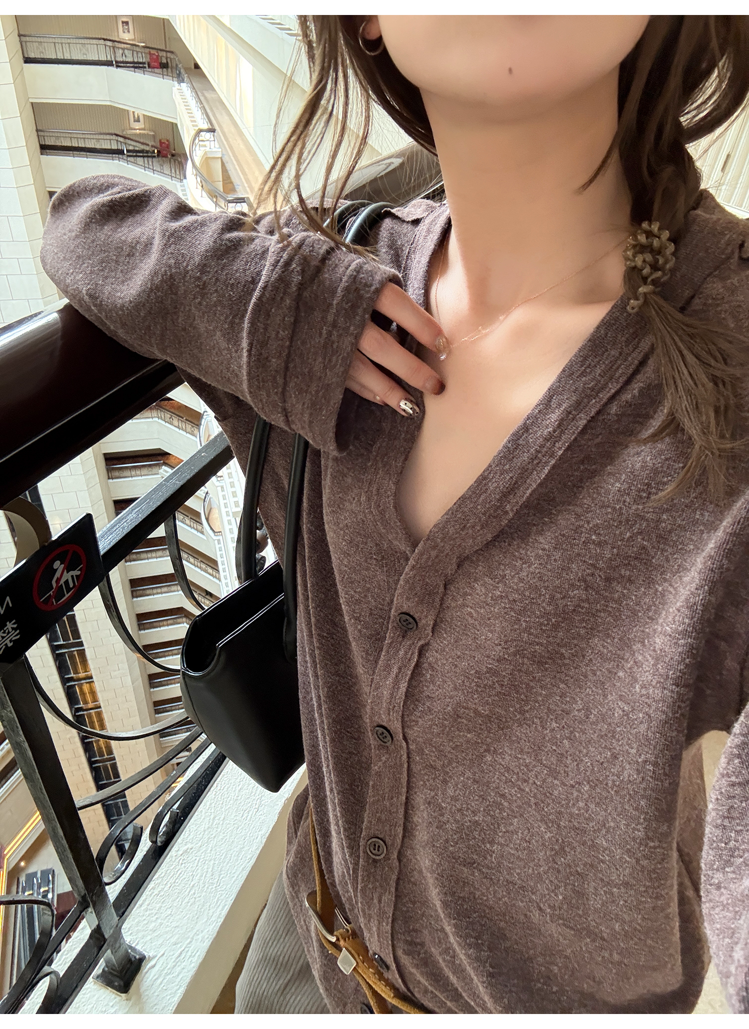 LelyMooch Vネック フェイクウールカーディガン 秋LEM234