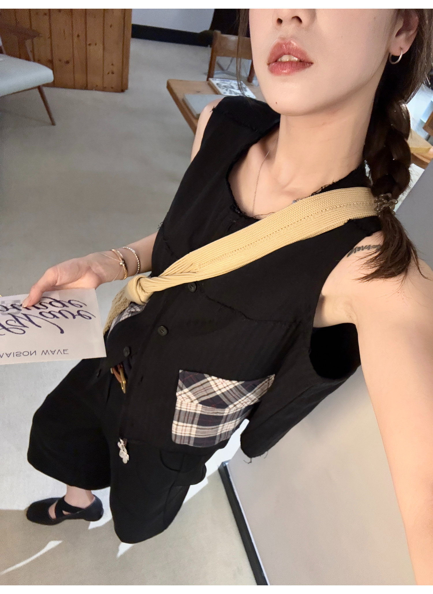 LelyMooch 配色チェック柄ノースリーブベスト  LEM218