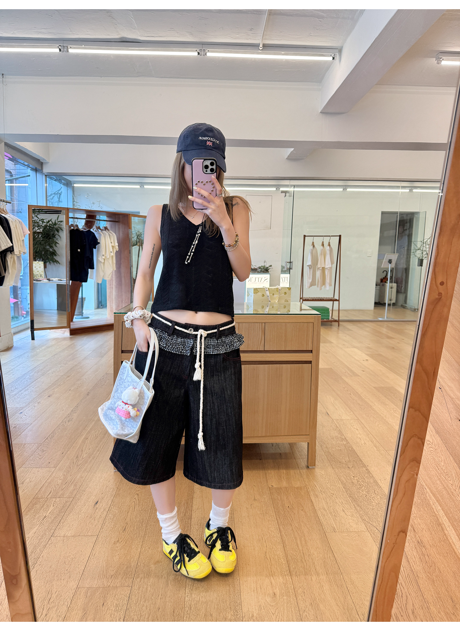 LelyMooch 赤ステッチ×ギンガムデニムハーフパンツ   LEM201