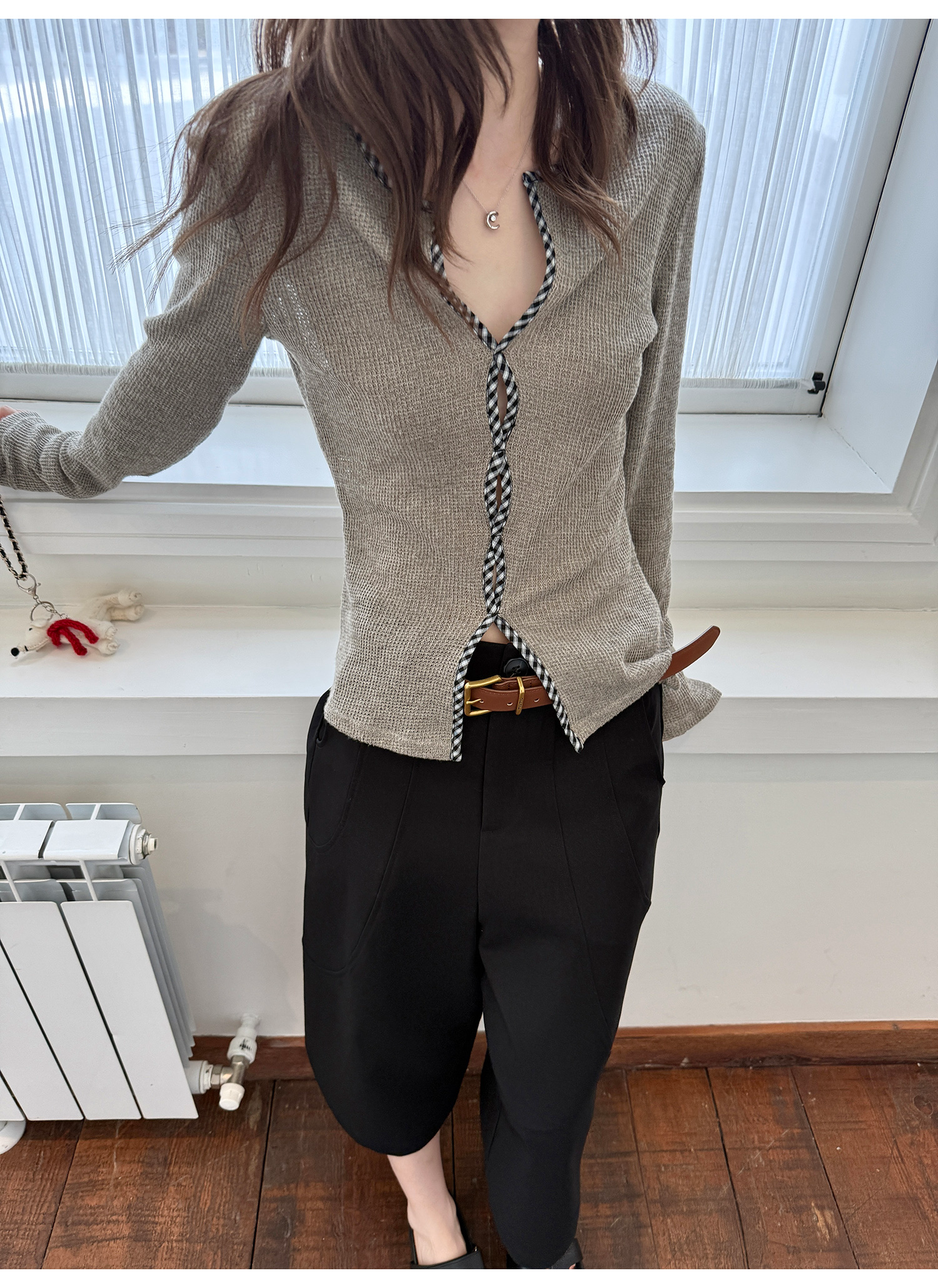 LelyMooch チェック柄ウエスト細見えニットトップス  LEM216