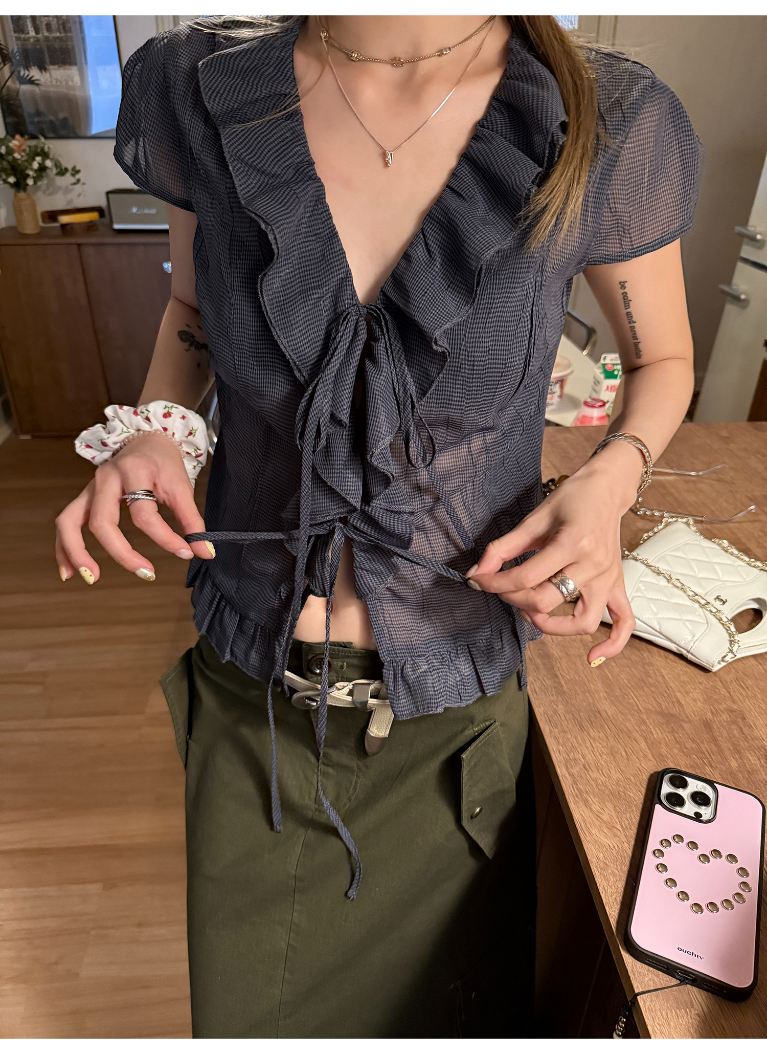 LelyMooch くしゅくしゅ涼感チェック フリルシャツ  LEM175