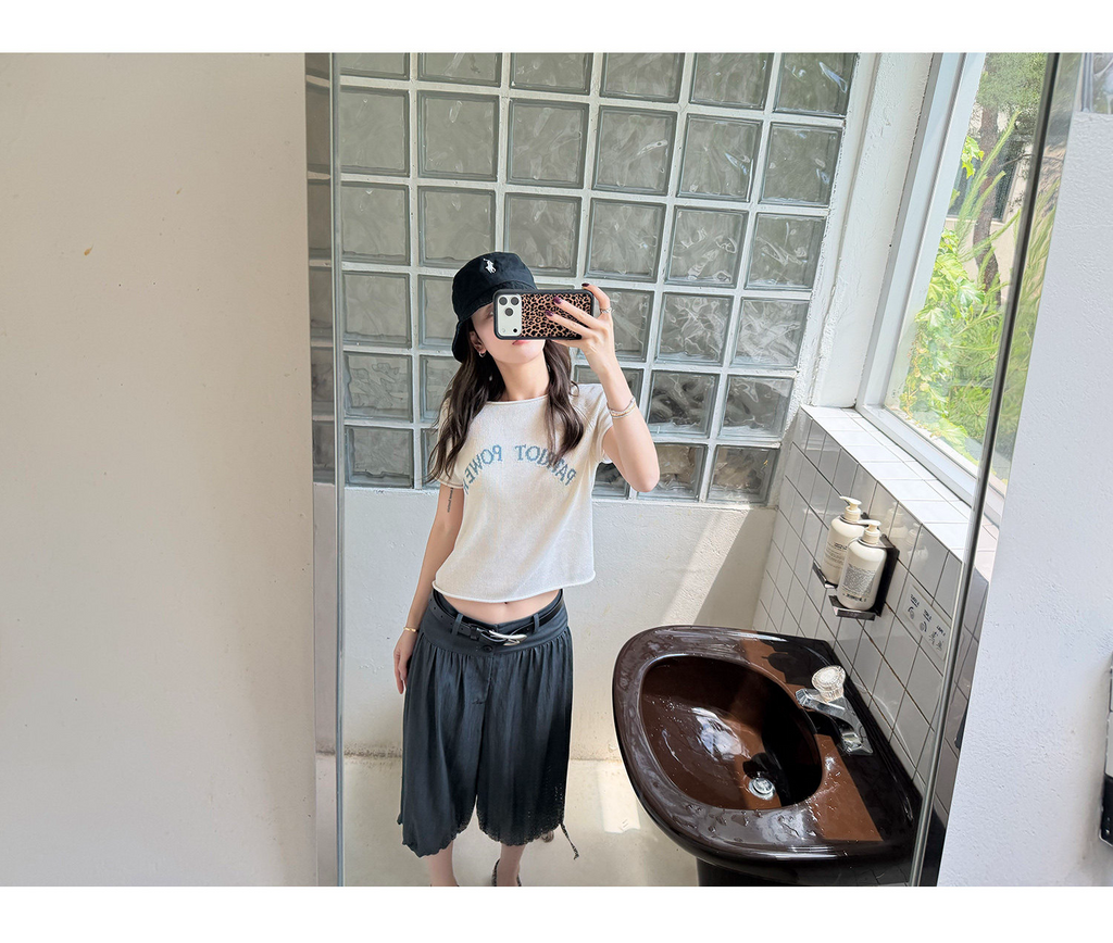 LelyMooch リネン混サマーニット ロゴ刺繍半袖トップス  LEM370